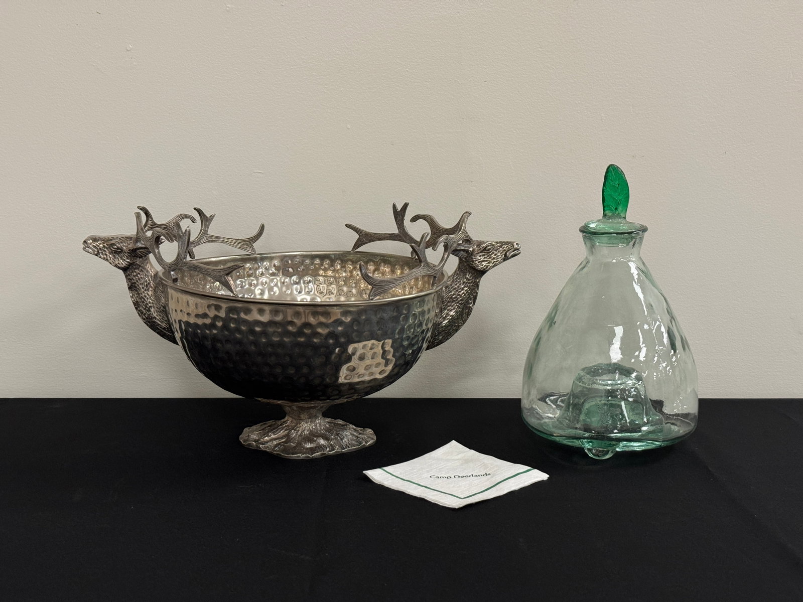 Stag Head Silver Plated Center Bowl: From Camp Deerlands, Whitney Park. 17.5" wide. Comes with a 12" tall Glass fly trap bottle.