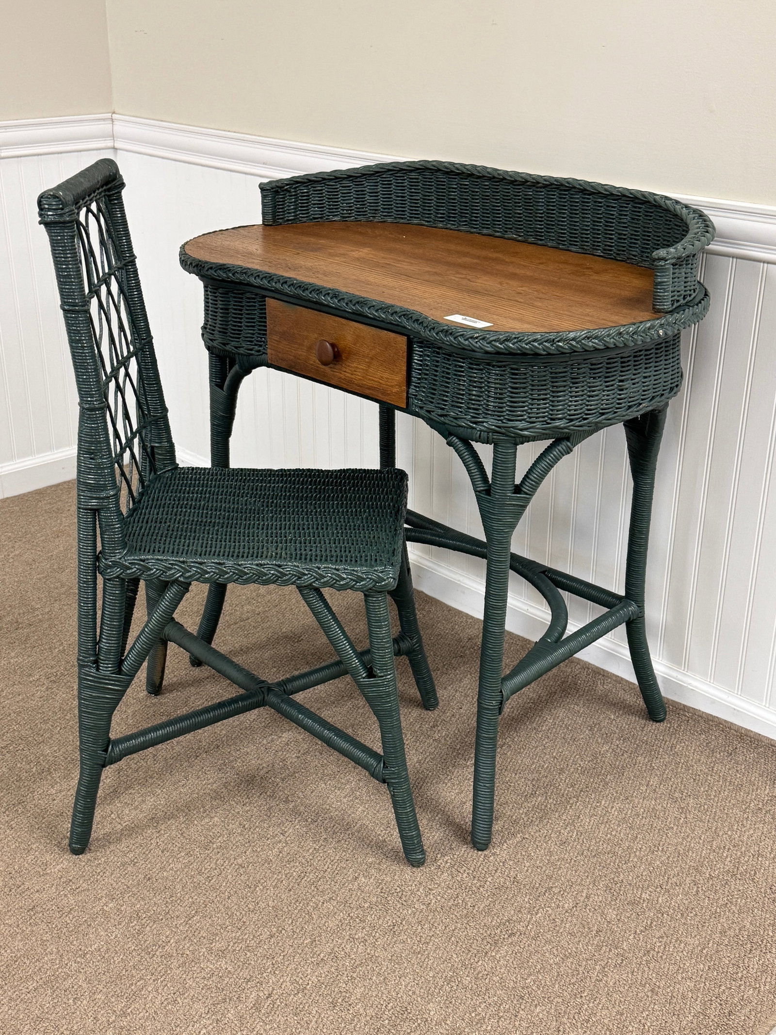Wicker and Oak Writing Desk w/ Chair: painted forest green. Kidney shaped and gallery back.