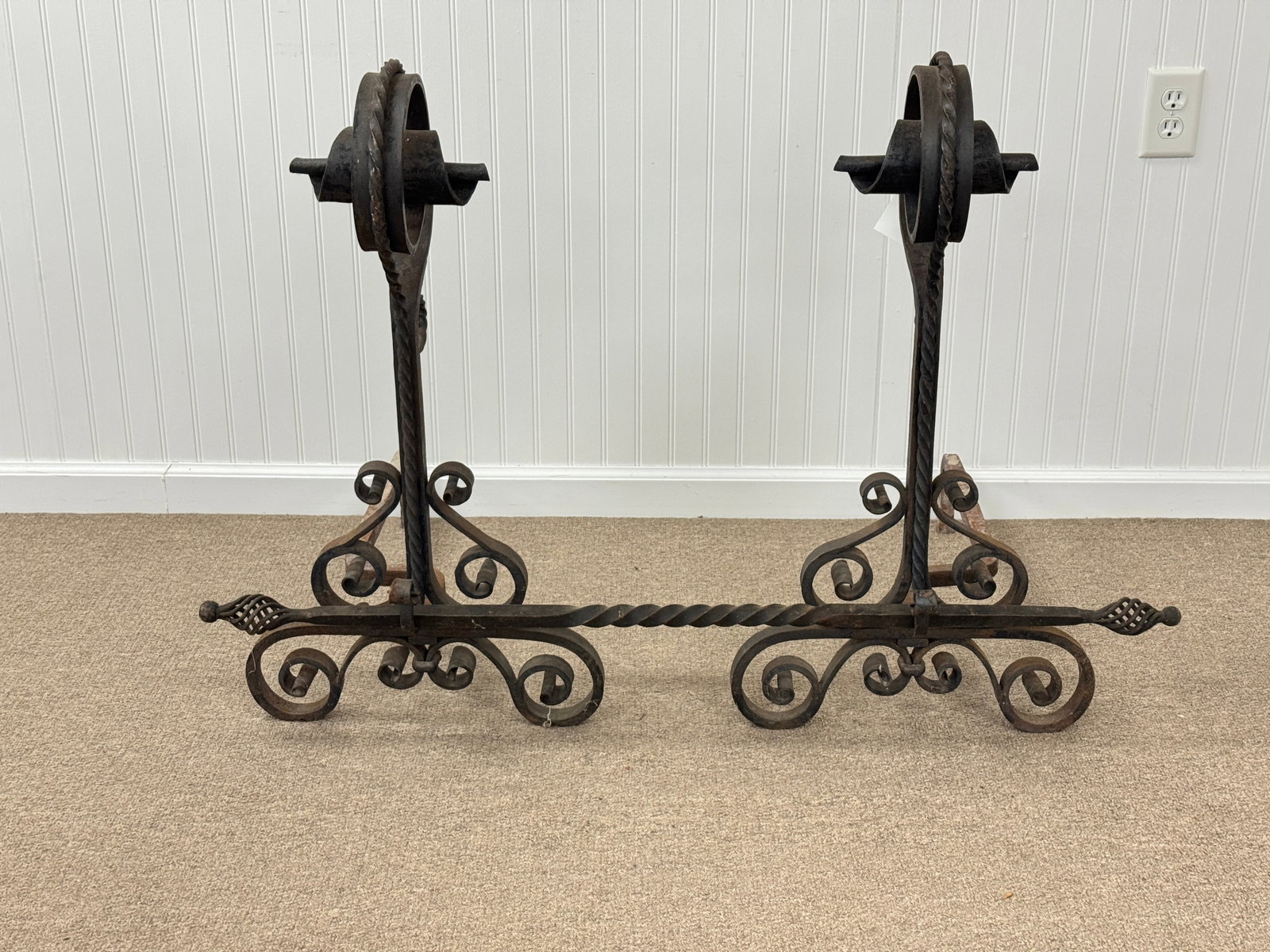Impressive Set of Wrought Iron Andirons: with cross bar. Scroll design. 31" tall.