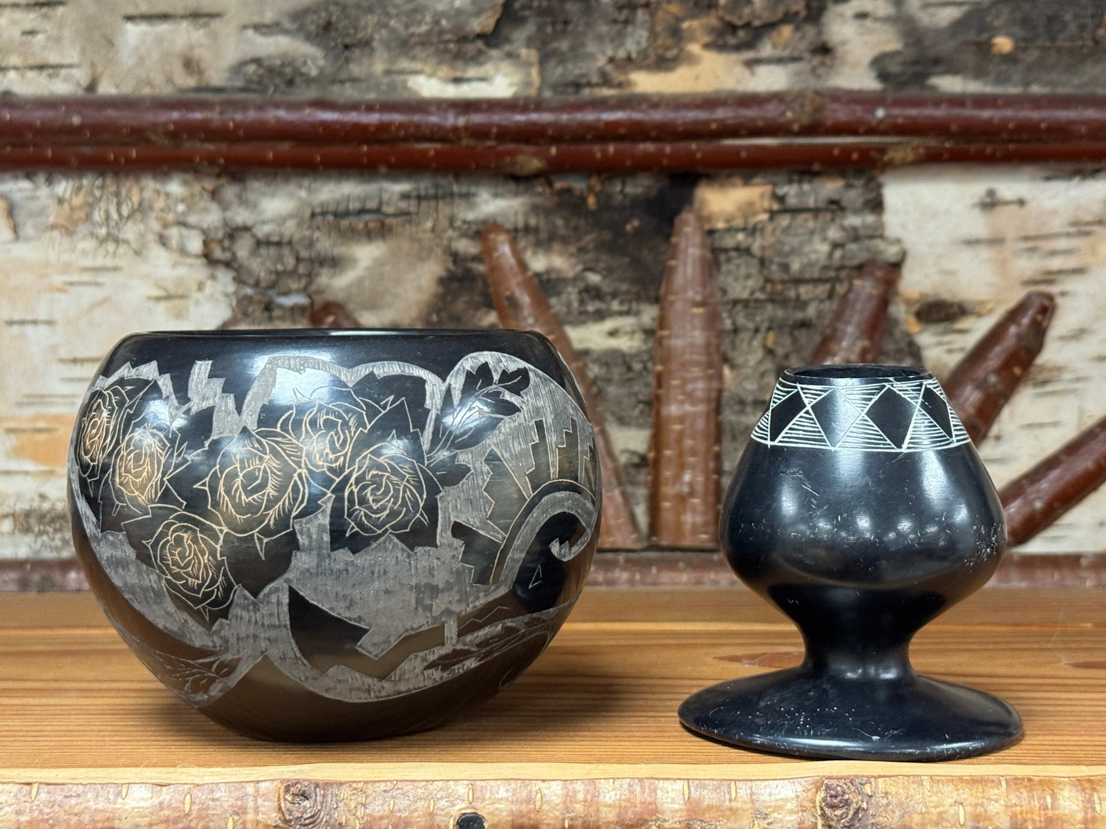 2 Pieces of Southwestern Pottery: includes a 3.5" tall decorated bowl and a 3" match holder.