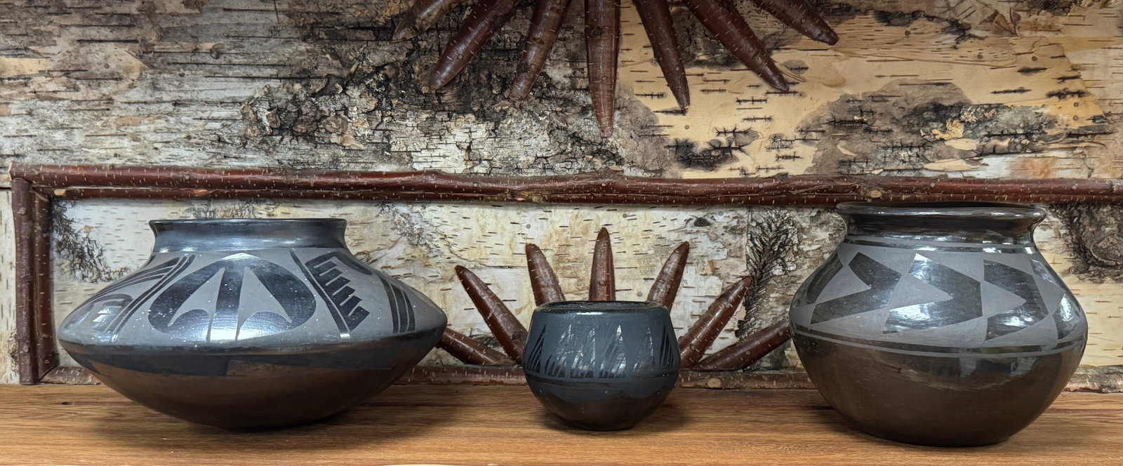 3 Pieces of Southwestern Indian Pottery: Largest bowl has a hairline crack and the other 2 pieces are artist signed. Tallest is 6" tall.