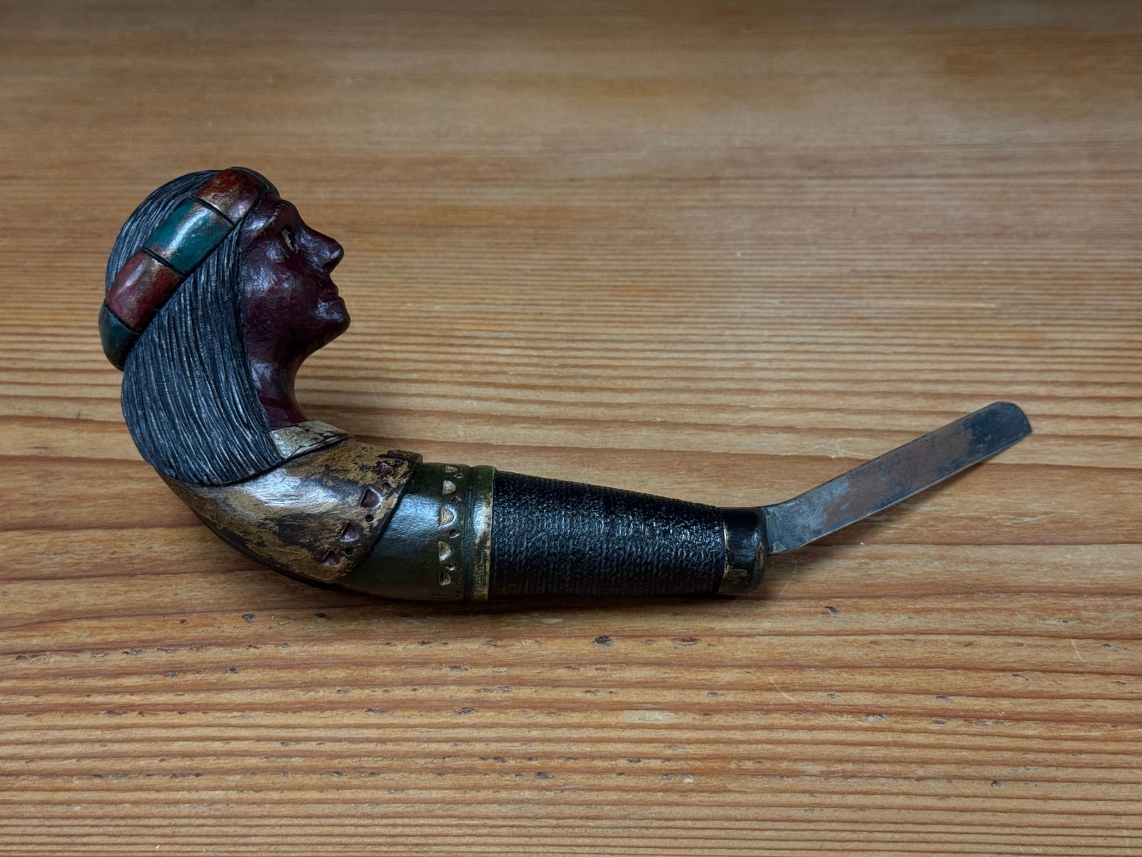 Joe Neale Native American Decorated Crooked Knife: Poly chrome painted. Woolwich, Maine. 9.25"