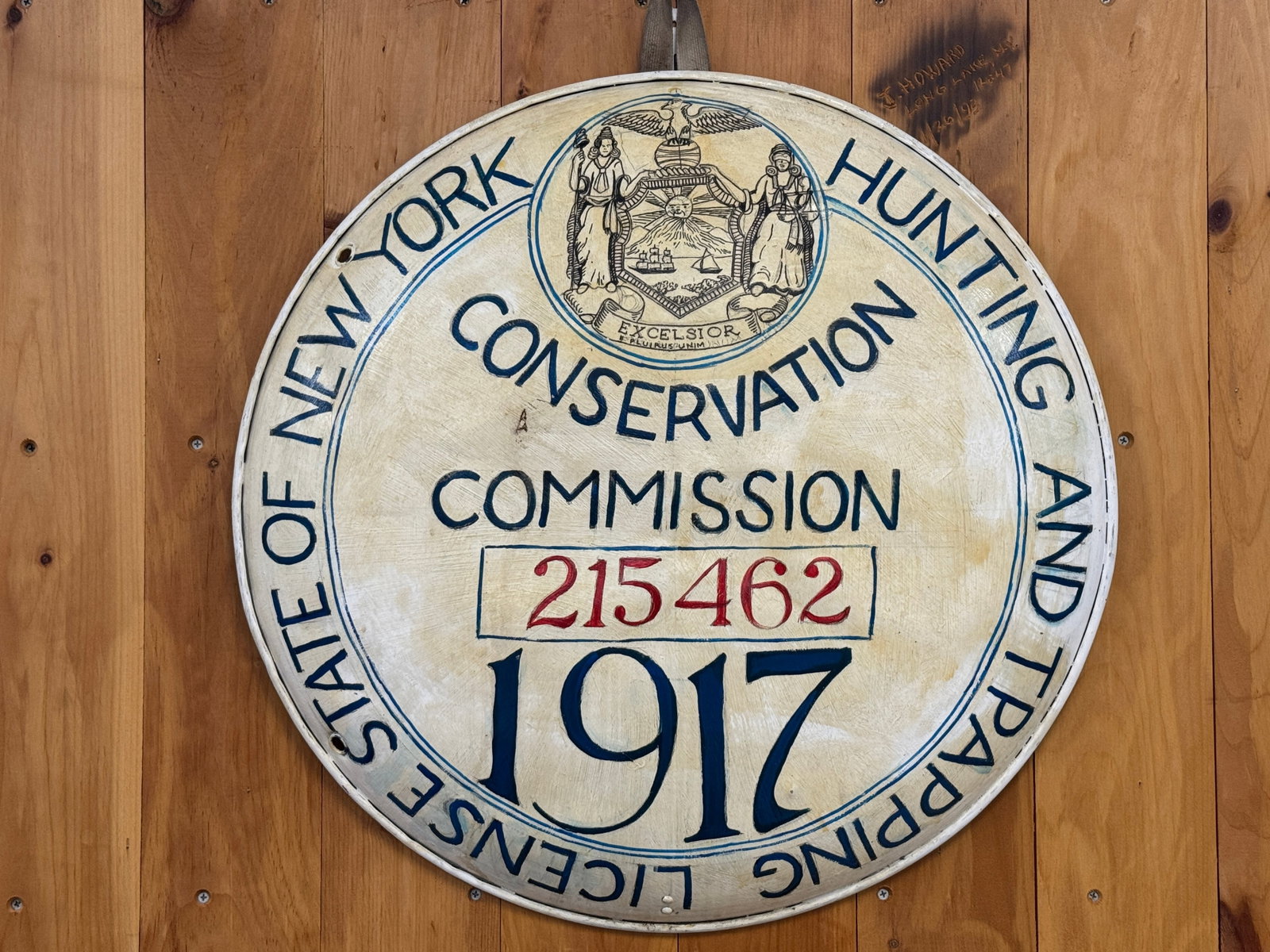 NYS Hunting & Trapping License Button Sign: 25.5" diameter. Hand painted sign on aluminum.