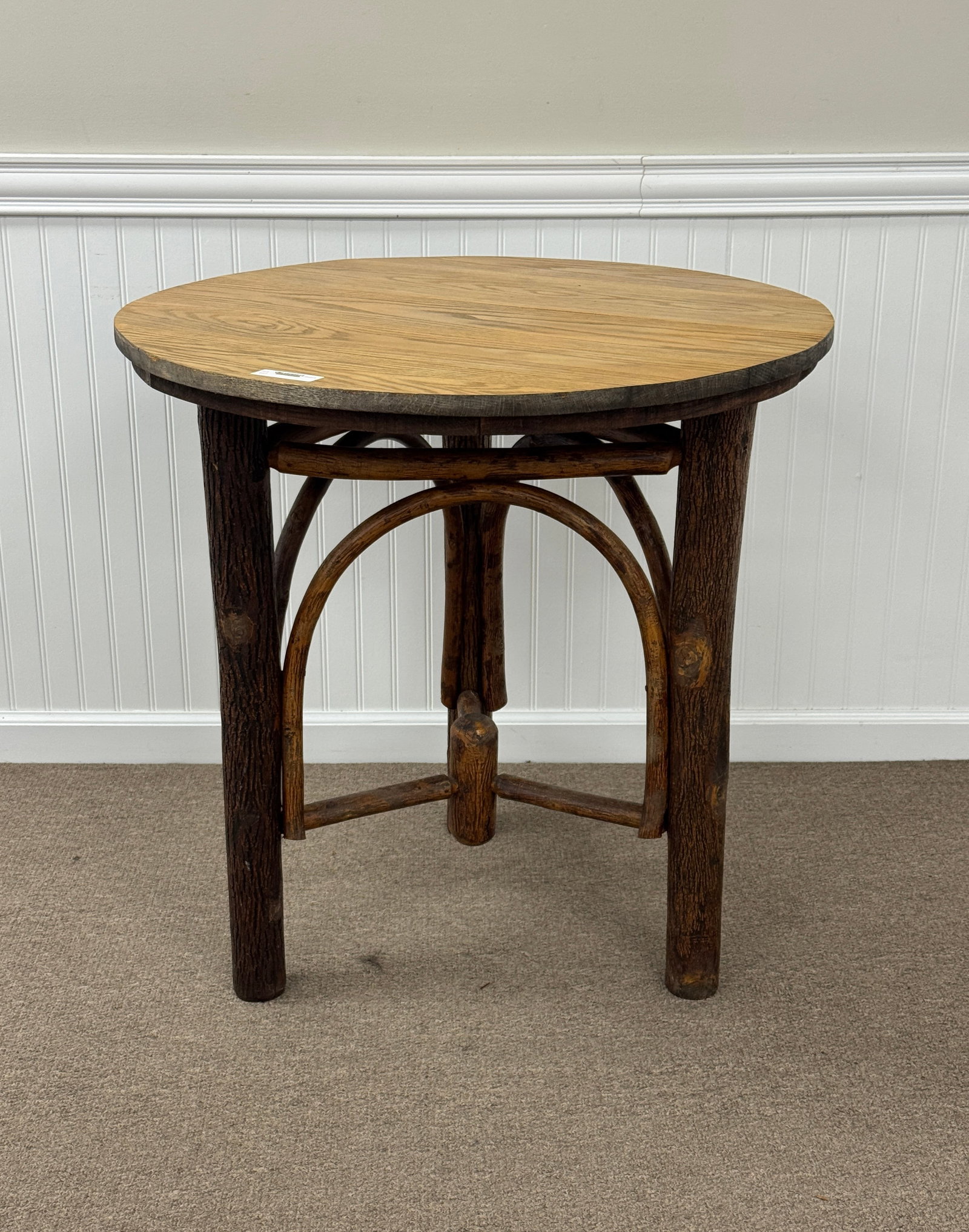 Old Hickory Round Lamp table: 30" diameter x 30" tall. Finish is good and does not appear to have been used outdoors. From Camp Togus, Whitney Park.