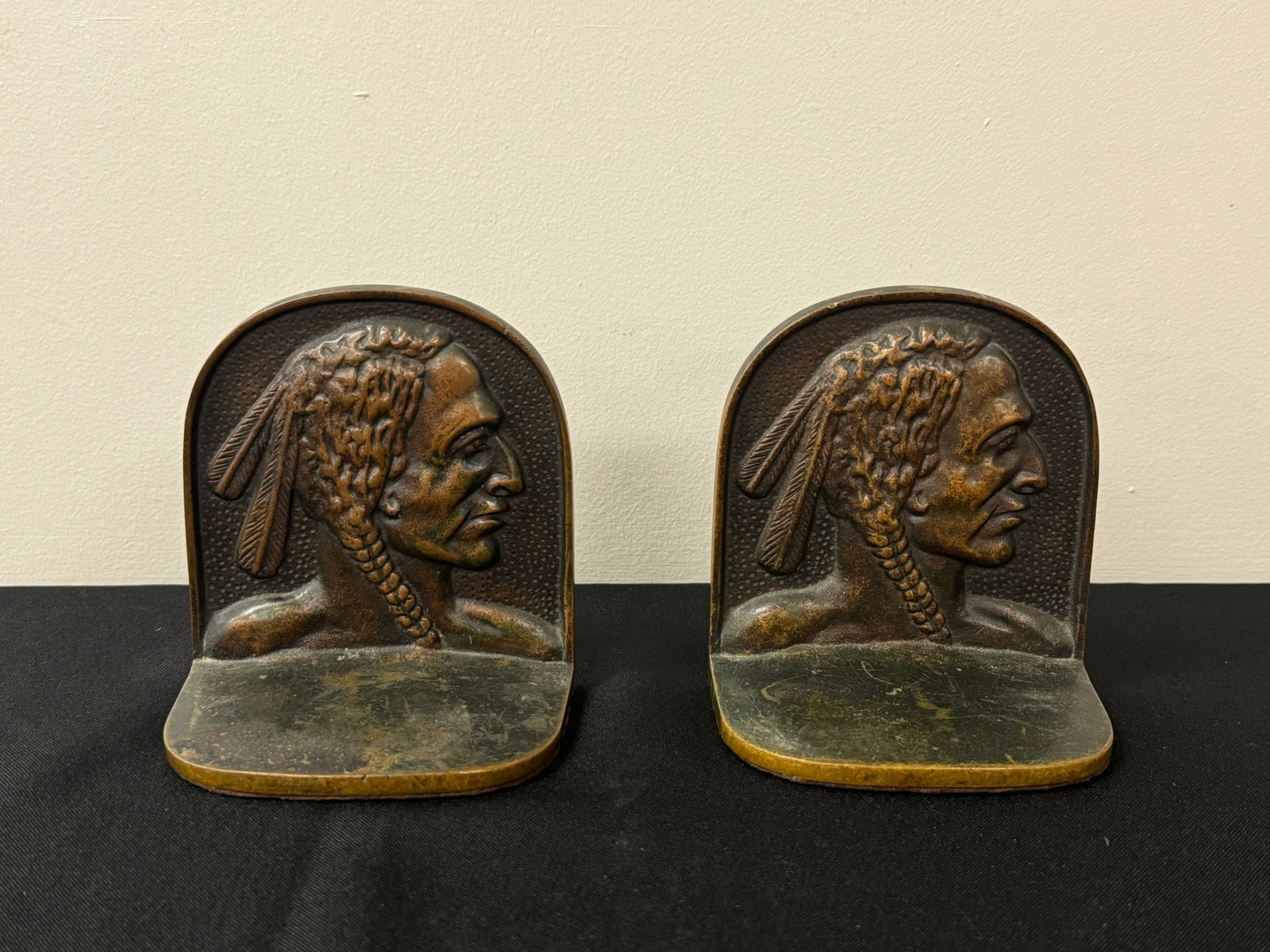 Pair of Bronze Indian Bookends Signed R. Wilner: 4.5" tall.