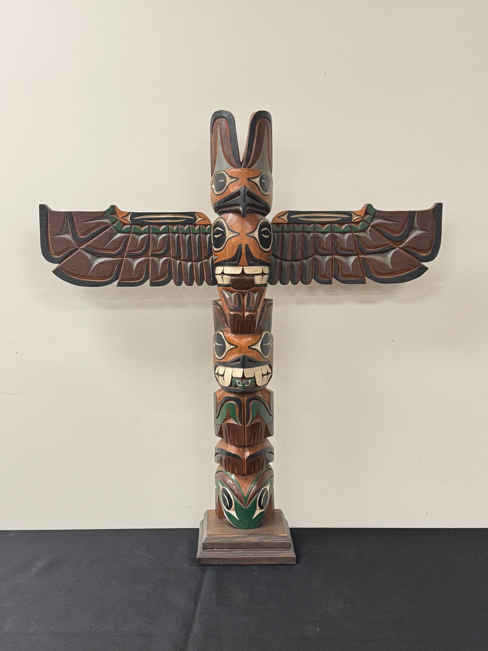 Thunderbird Totem Pole Signed L Rudick: hand carved and painted. 25.5" tall x 24" wide. From Camp Togus, Whitney Park.
