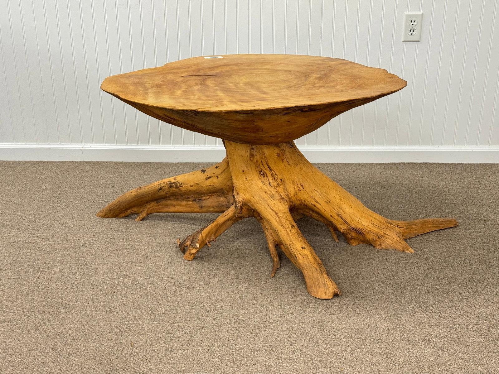 Adirondack Burl & Root Base Table by Jim Howard: Long Lake, NY. 1991. Made of a birch burl. 23" tall x 3' diameter with a sprawling stump root base. From Camp Togus, Whitney Park.