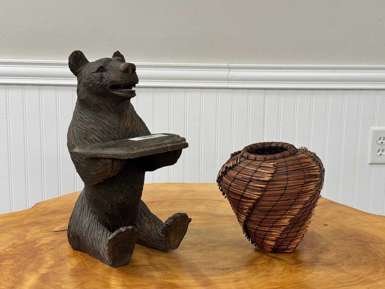 Pine Needle Bulbous Vase & Bear Wood Carving: Carving is 13.5" tall in the black forest style. Vase is 7" tall. From Whitney Park.