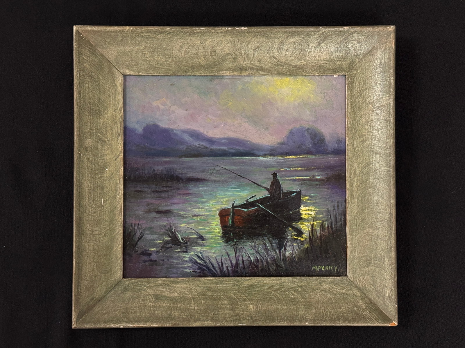 M. Perry Adirondack Oil Painting of Fisherman: 13.25" x 12.25". From Camp Deerlands, Whitney Park.