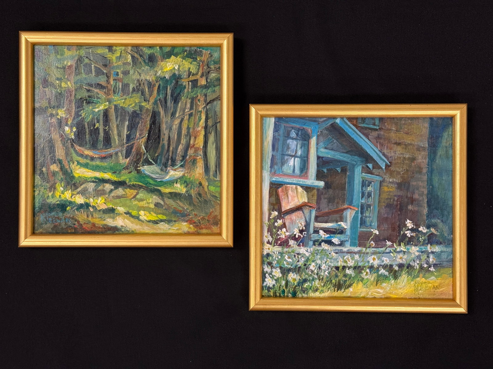 2 Sally Soper Neenan Oil Paintings: Adirondack Chair and Hemlock Hammocks. Long Lake, NY Artist. Each 9" square. Circa 1998. From Camp Deerlands, Whitney Park.