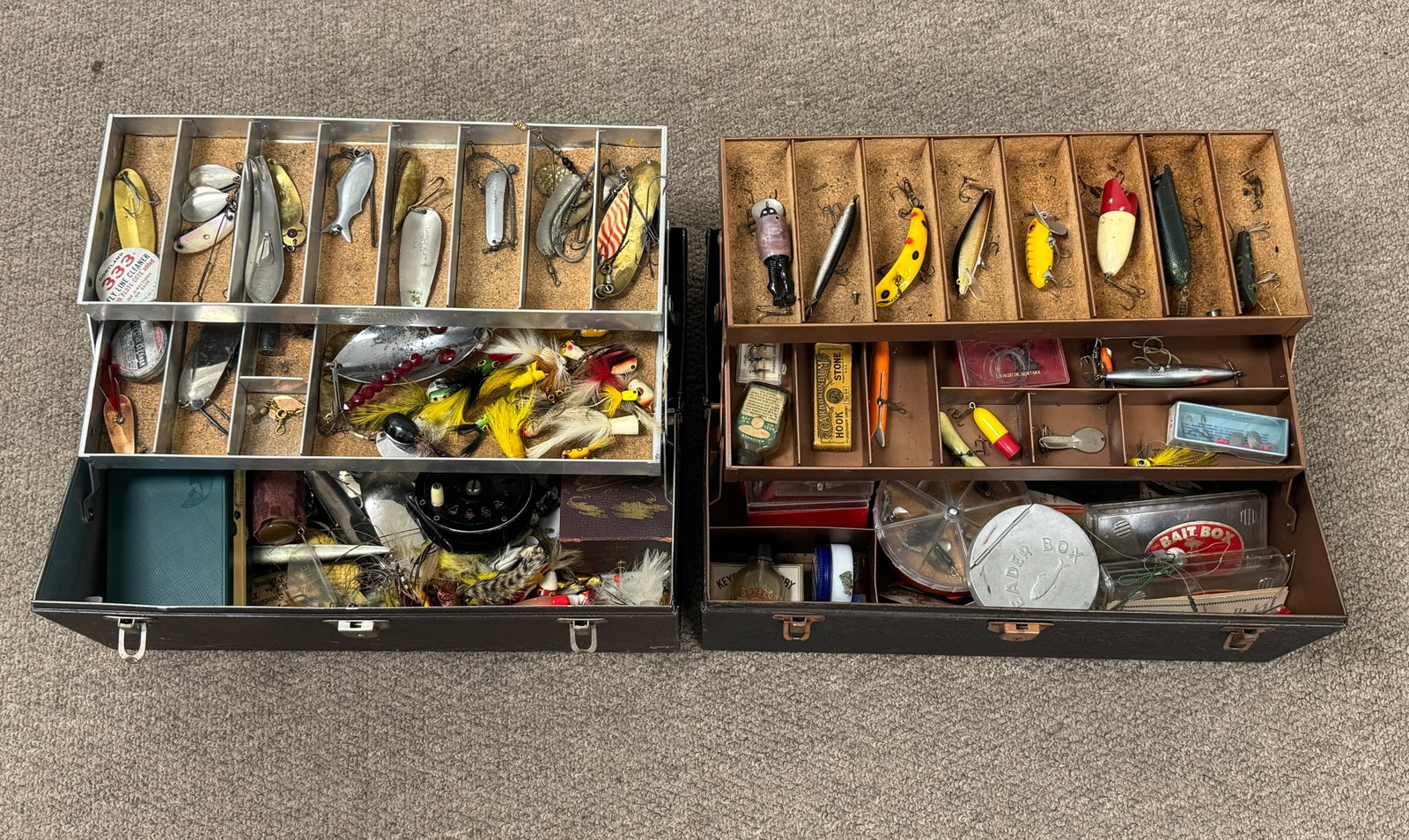 2 Whitney Metal Kennedy Tackle Boxes: filled with fishing lures and tackle. From Camp Deerlands, Whitney Park.