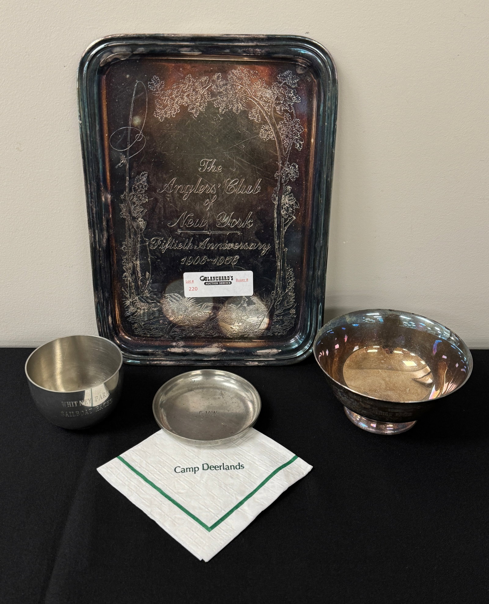 The Angler's Club of New York 1956 Tray: Silver plated engraved fishing tray. Owned by C.V. Whitney, Whitney Park. 8 3/4" x 12". Also includes 2 Whitney Park engraved sailboat racing cups.