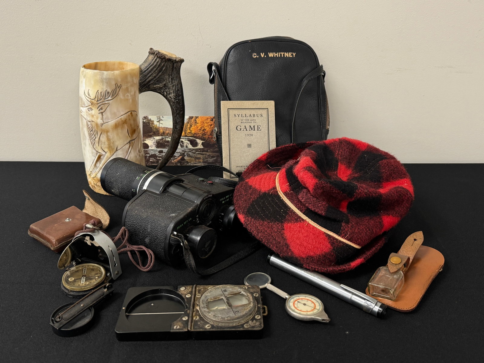 C.V. Whitney's Kalimar Scope & Hunting Gear: Kalimar power zoom scope, hunting hat, 3 compases and a deer horn mug. From Whitney Park.