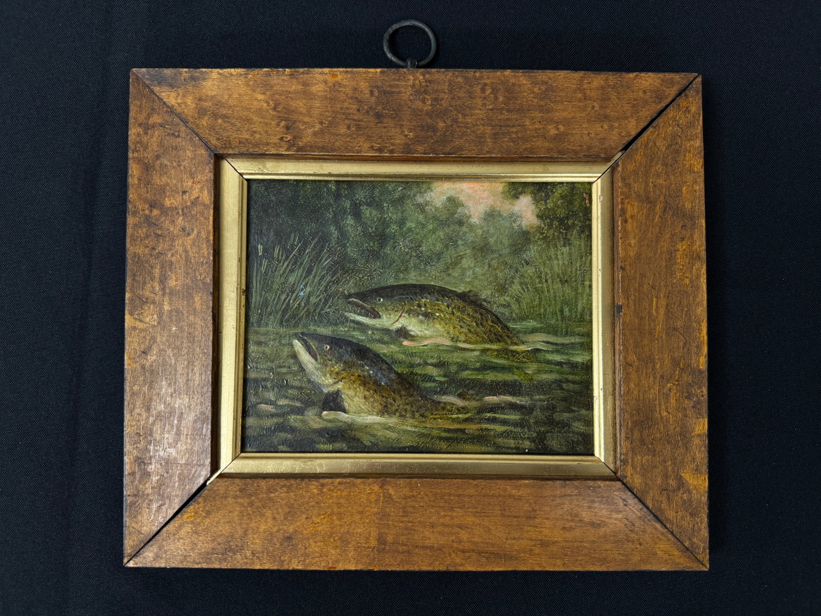 Leaping Trout Oil Painting: 8.5" x 10". Unsigned. Bergdorf Goodman label on back. From Camp Deerlands, Whitney Park.