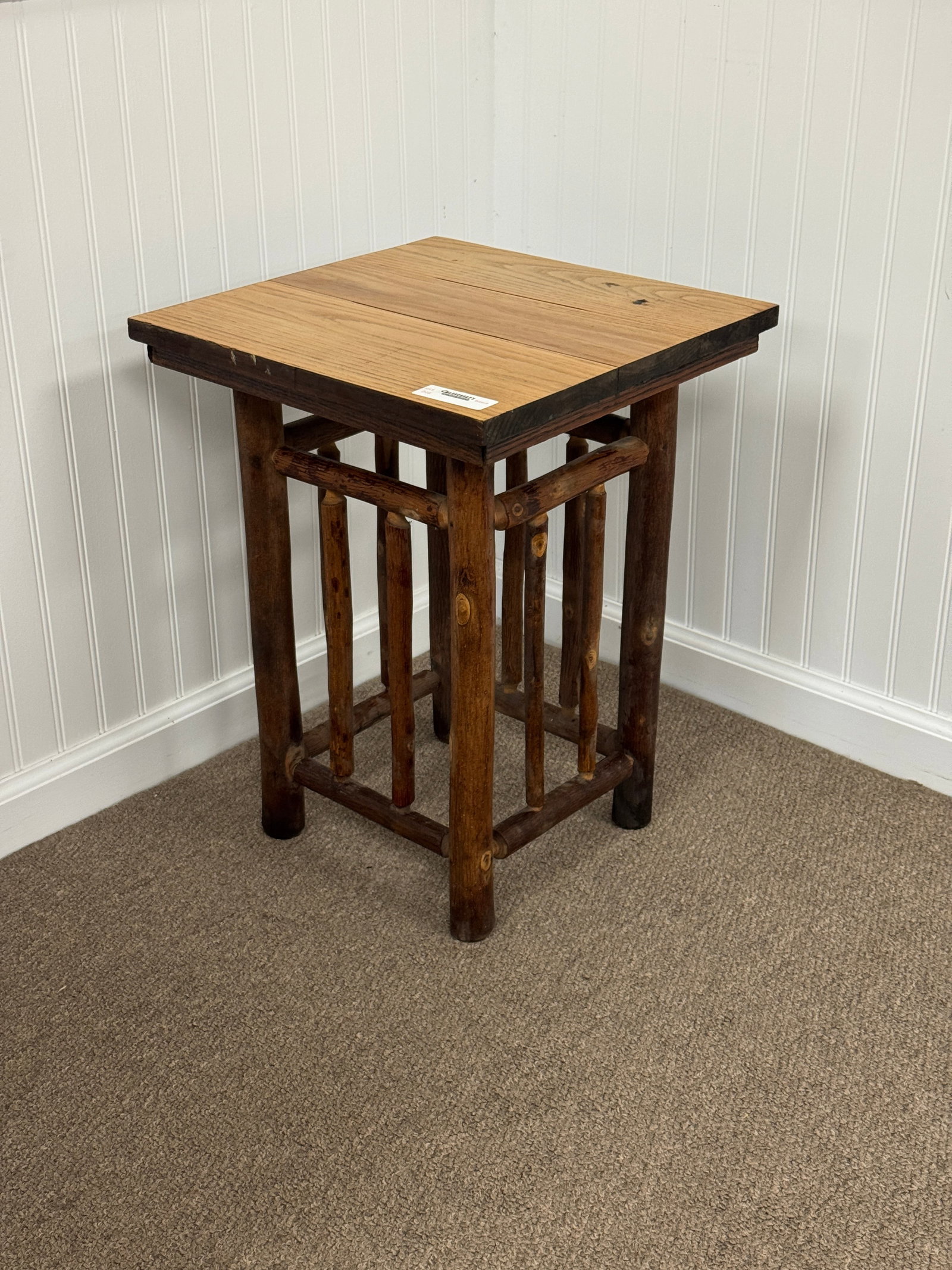 Old Hickory Branded Taboret Stand: 16" square top, 21" tall. From Camp Togus, Whitney Park.