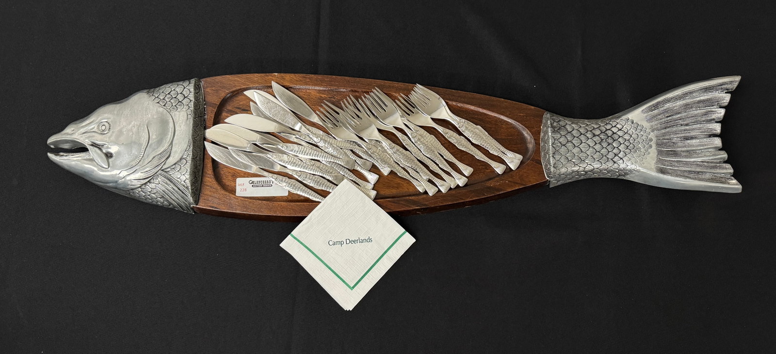 Fish Serving Platter with Fish Forks & Knives: platter is 3' long. 10 knives and 10 forks. From Camp Deerlands, Whitney Park.