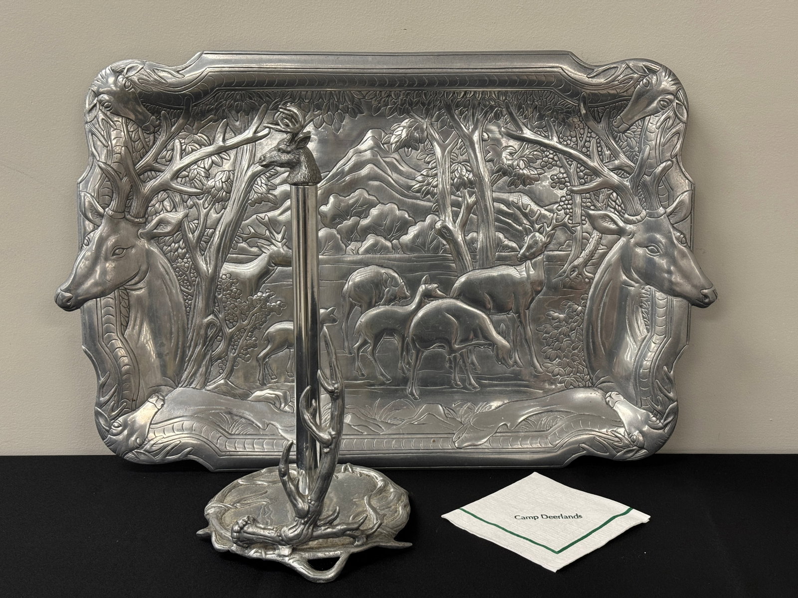 Arthur Court Deer Tray & Paper Towel Holder: Tray is 24" long x 15.5". From Camp Deerlands, Whitney Park.