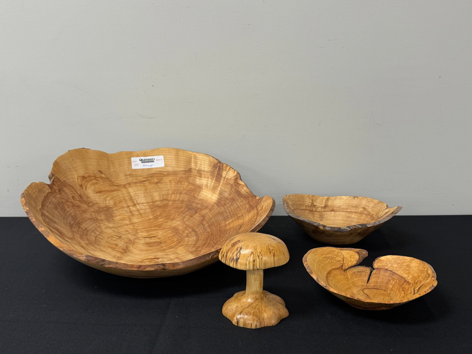 3 Wooden Turned Bowls and Mushroom: Largest bowl is 17" in diameter. From Camp Togus, Whitney Park.