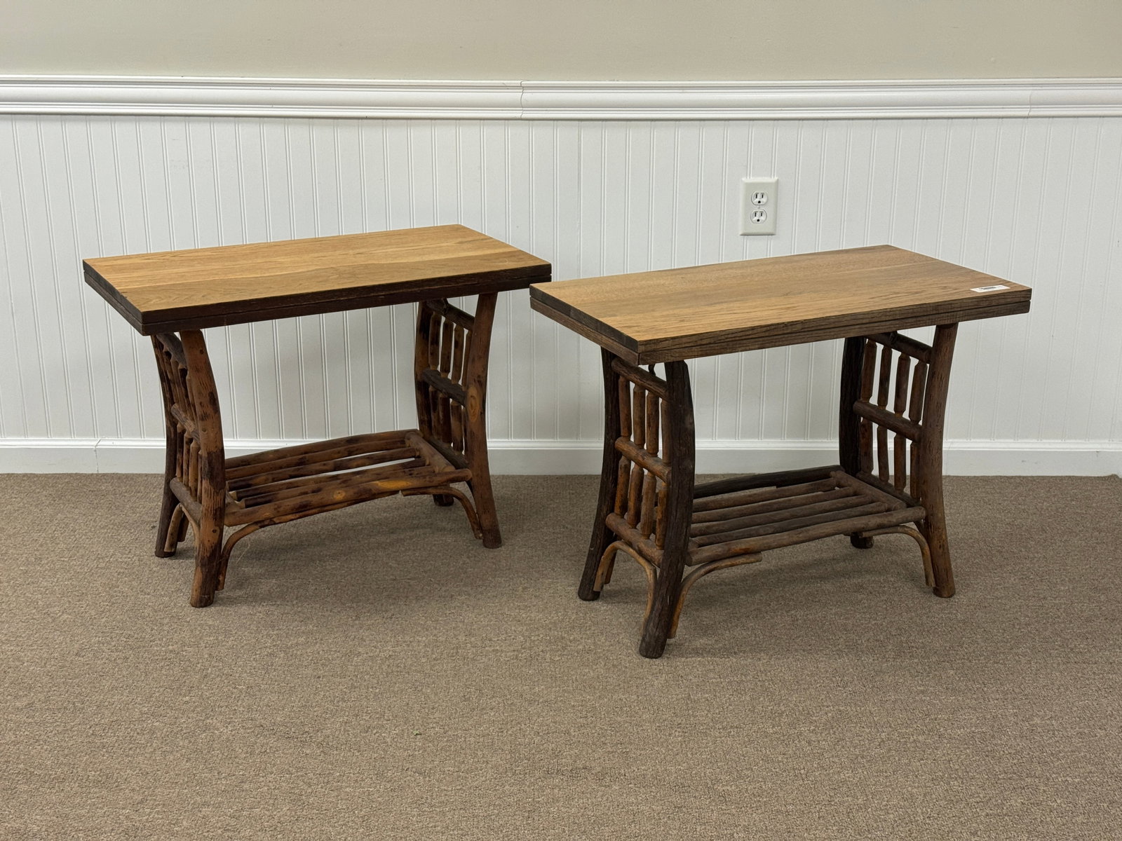 Pair of Old Hickory Side Tables w/ Spindled Ends: Branded Old Hickory. 30" x 16" x 23" tall. From Camp Togus, Whitney Park.
