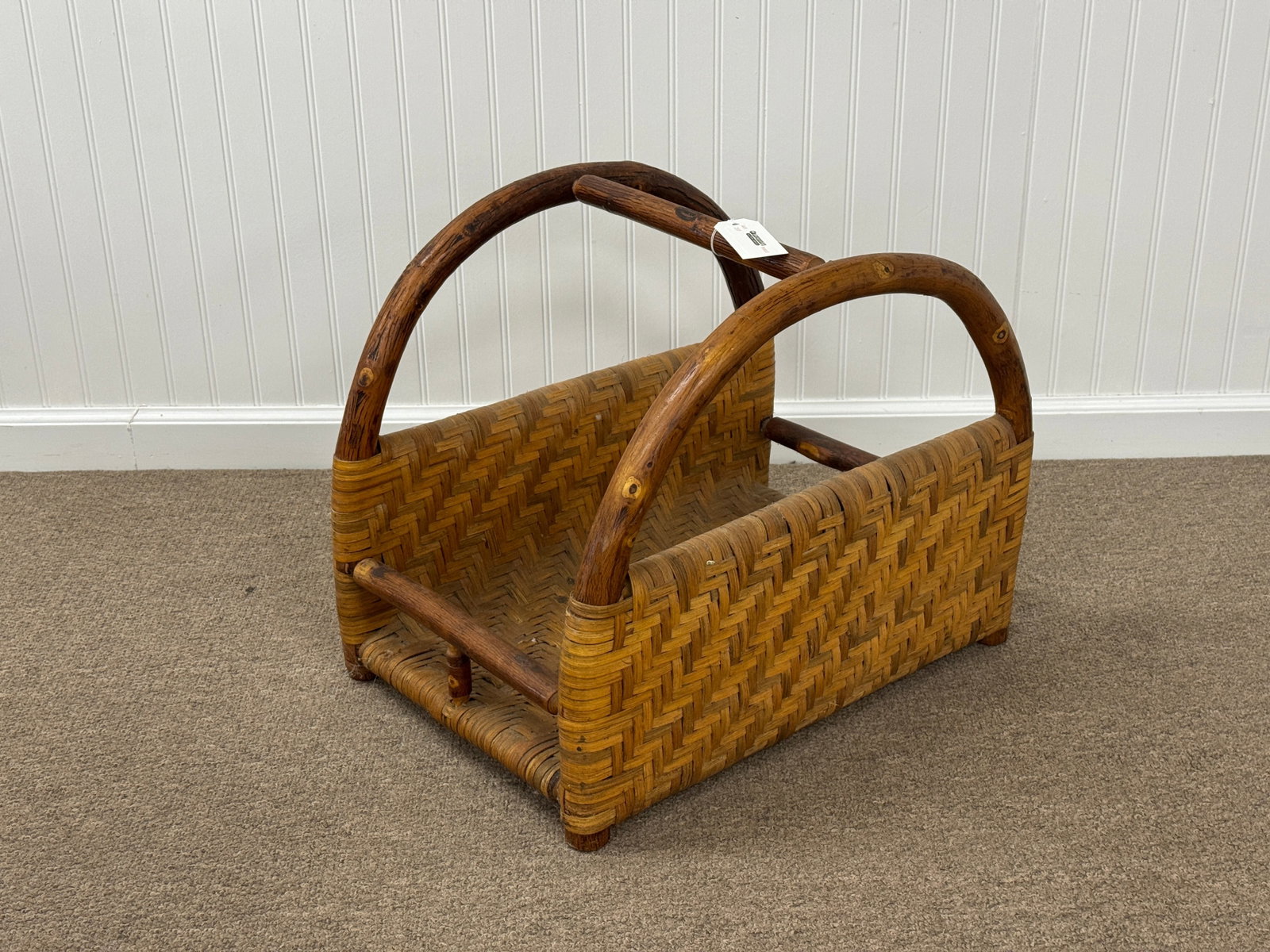 Old Hickory Wood Basket Model 243: Finish and weaving both in good condition. 22" x 18" x 16" . From Camp Togus, Whitney Park.