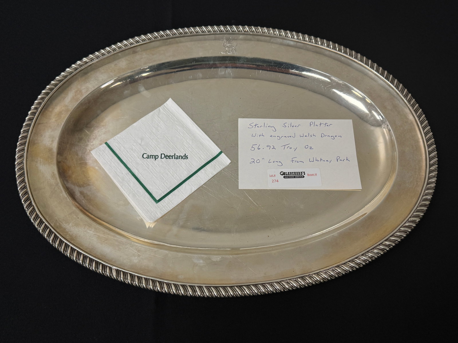 Whitney Vanderbilt Collection Sterling SIlver: Platter with engraved Welsh Dragon. 56.92 troy oz. 20" long. From Camp Deerlands, Whitney Park.