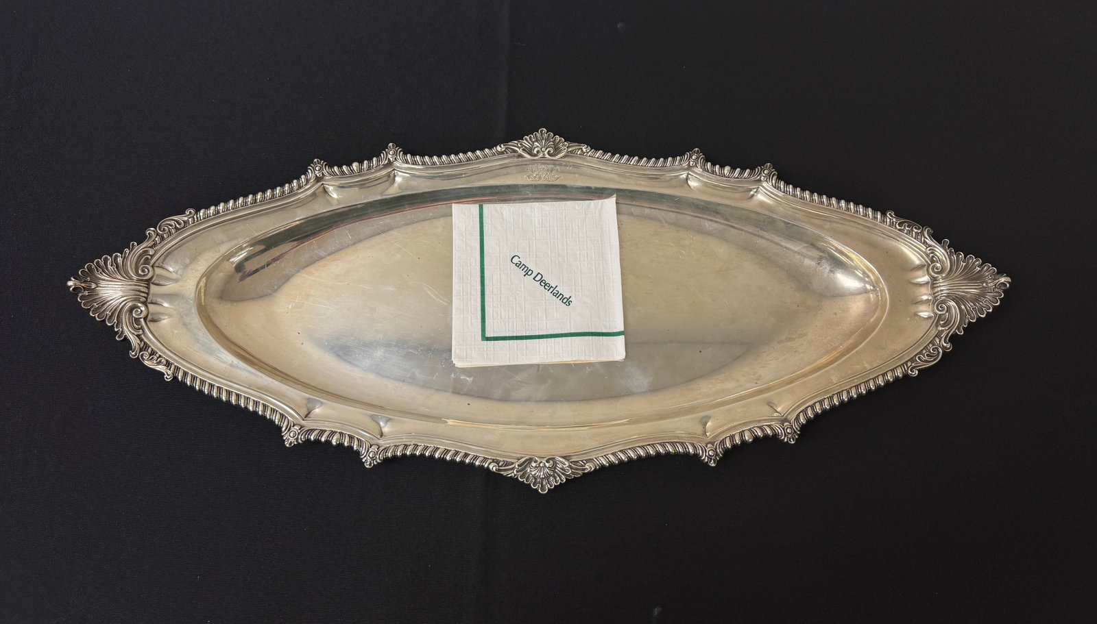 Whitney Vanderbilt Collection Sterling Silver: 25" long platter. 65.40 troy oz. Inscribed on back: Mr and Mrs. Hamilton McK. Twombly. August 25, 1896. Co-Founder of G.E. & Vanderbilt family connection. Monogrammed GV for Gertrude Vanderbilt.