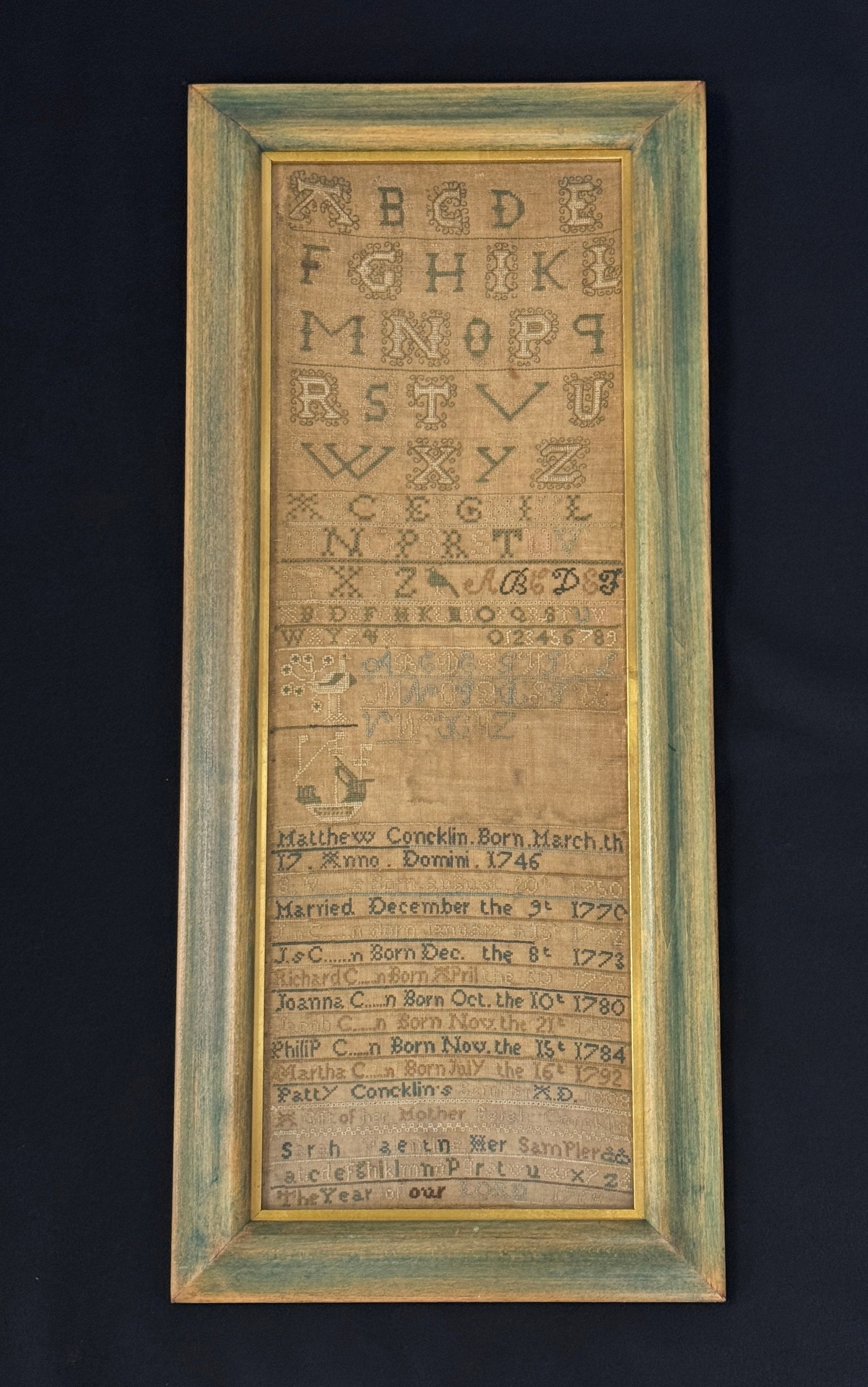18th Century Sampler Concklin Family: 10.75: x 25". From the Whitney Vandervilt Collection. Camp Deerlands, Whitney Park.