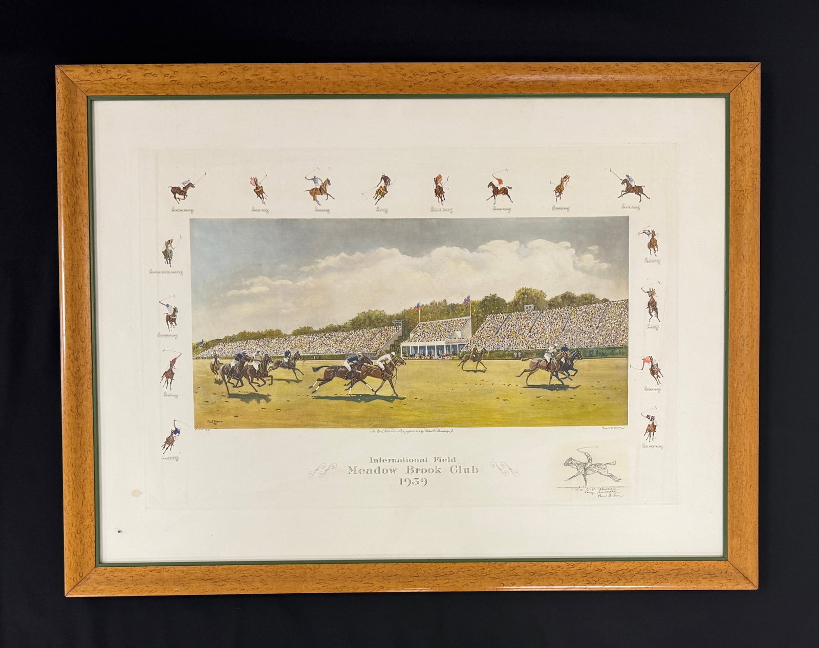 Meadow Brook Club 1939 Polo Match Lithograph: inscribed to C.V. Whitney by Artist Paul Brown. 25" x 33" birdsye maple frame. From Camp Deerlands, Whitney Park.