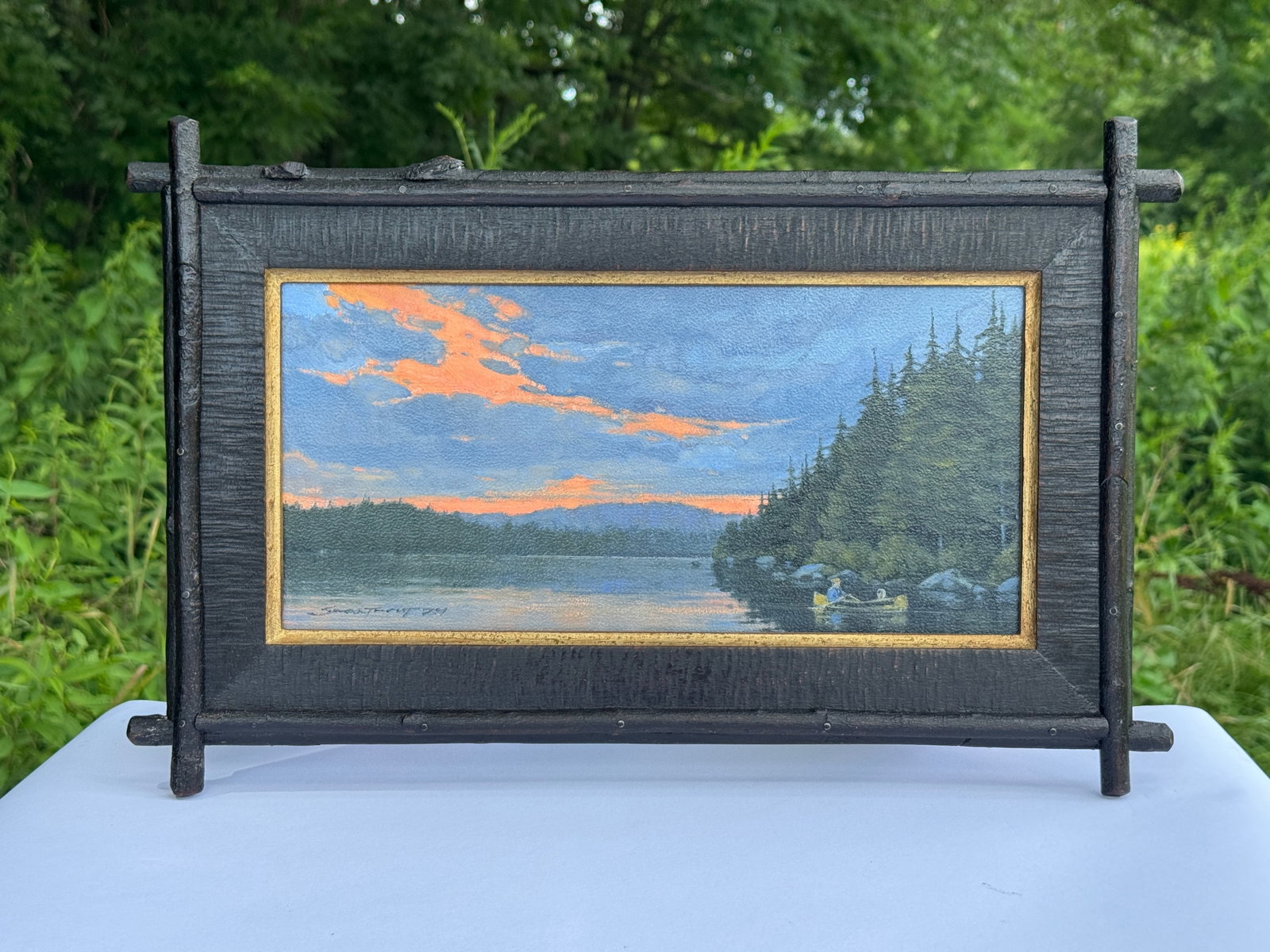 Jonathan Swartwort Spruce Lake Sunset Painting: original oil painting on board in an original custom Adirondack frame. 19.25" x 12.25"