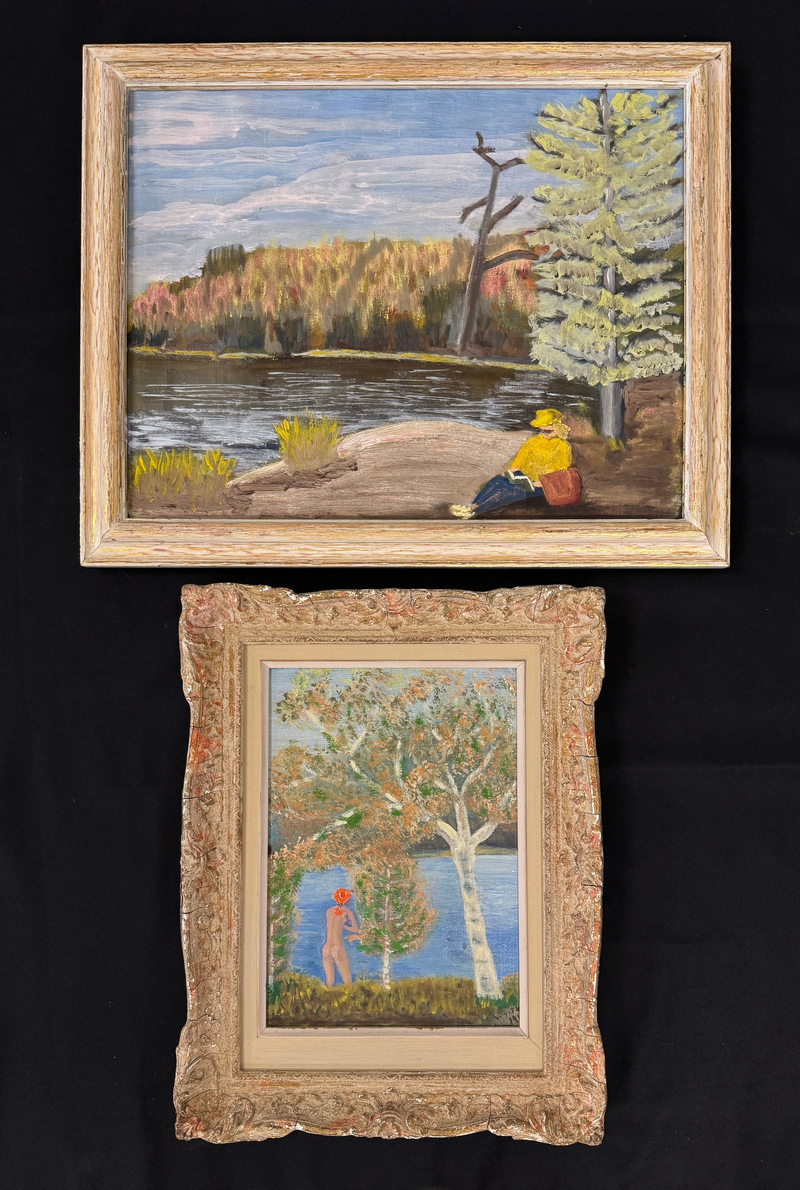 2 Marylou Whitney Adirondack Oil Paintings: "Summer Eve" Nude by Lake. Largest is 17" x 21". From Camp Deerlands, Whitney Park.