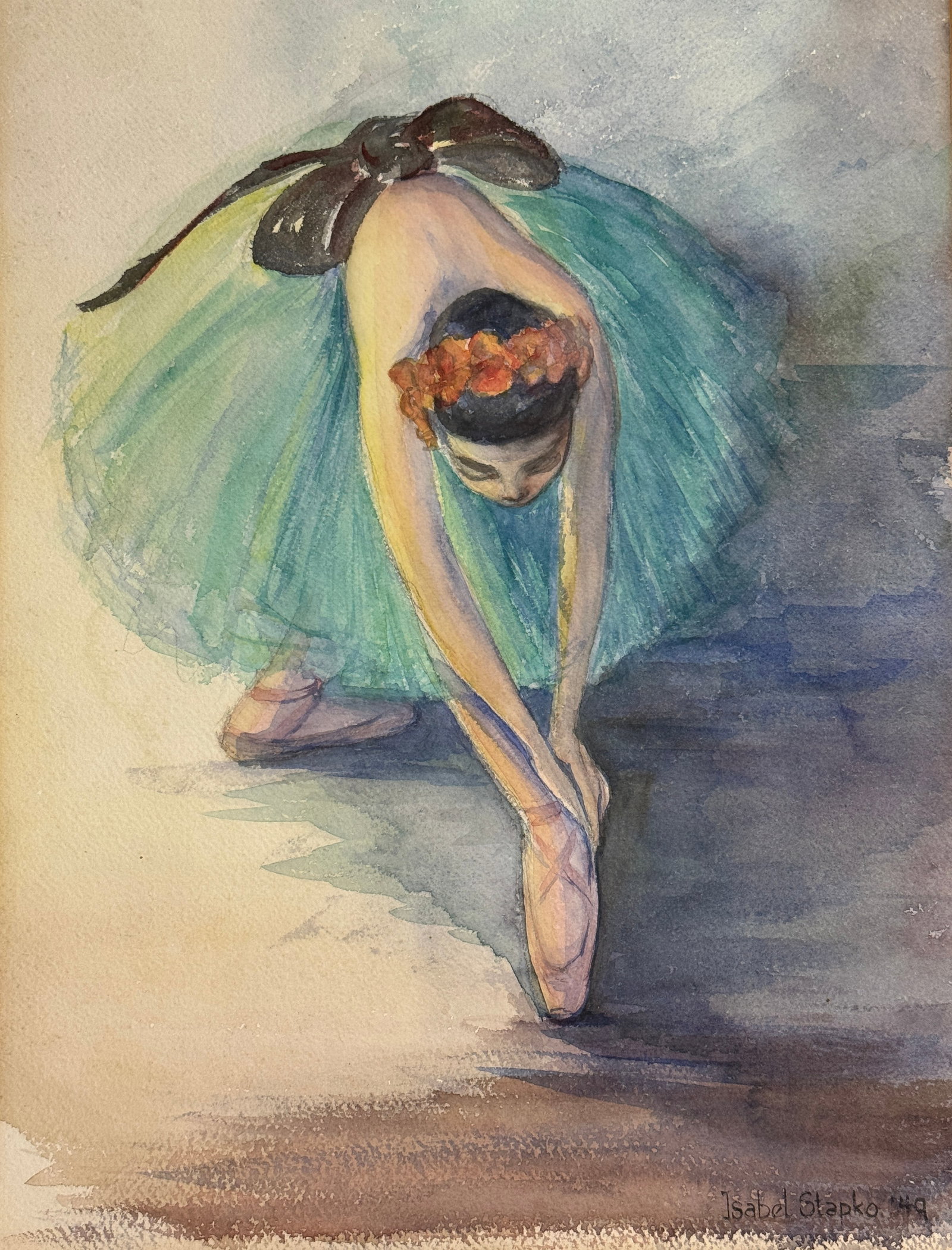 Isabel Stapko Ballerina Watercolor 1949: wife of C. Gregory Stapko. Matboard discolored. 22.25" x 30.5". From Camp Deerlands, Whitney Park.