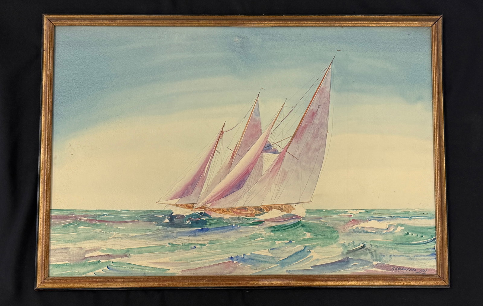 Frederic Soldwedel Dated 1927 Sailboat Watercolor: From the Whitney Vanderbilt Collection. 21.5" x 31.5" Glass needs cleaning on back side.