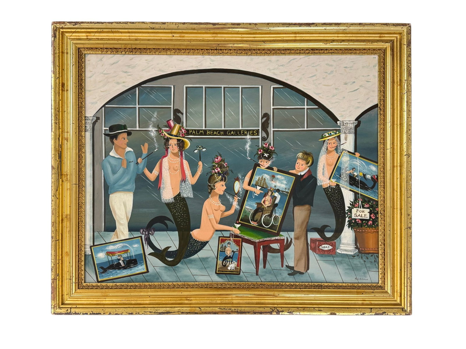 Ralph Eugene Cahoon Palm Beach Gallery Painting: Ralph Eugene Cahoon Jr. (American 1910-1982), "PB 50 Palm Beach Galleries", oil on masonite. signed R. Cahoon to lower right, framed. Painting is in excellent condition. From the Whitney Vanderbilt Co