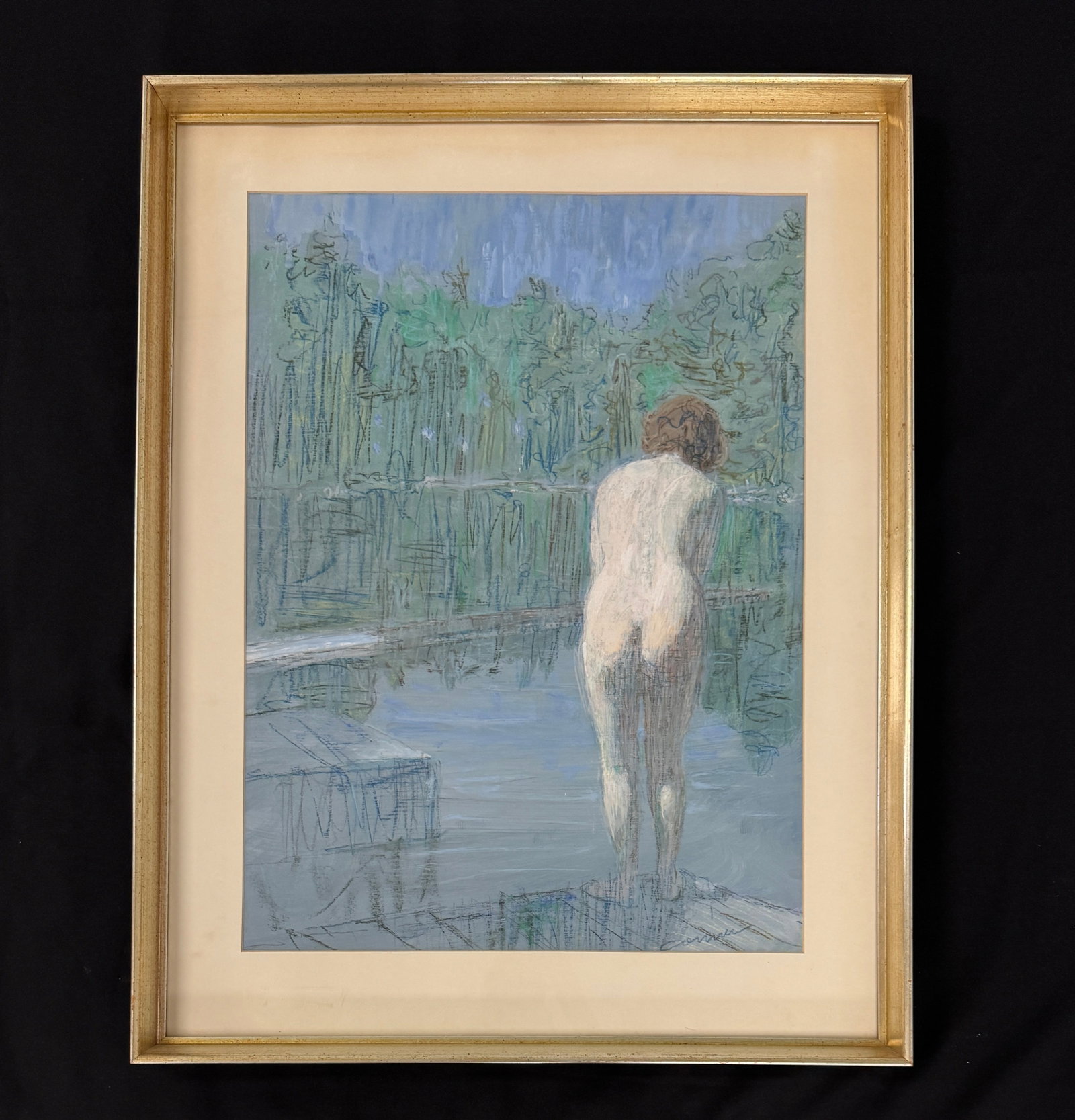 McCauley Conner "Adirondacks 1961" Painting: Pastel and Tempera painting of nude for Mr. C.V. Whitney. Palm Beach Galleries label on back. 24.5" x 31.5" From Camp Deerlands, Whitney Park.