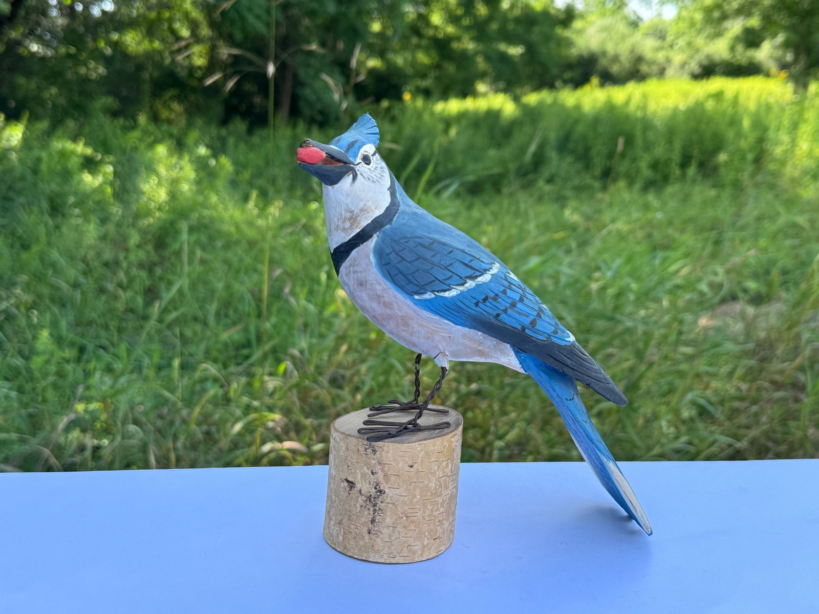 Hazel Tyrrell Blue Jay Folk Art Bird Carving: stenciled on base with berry in mouth. Paint in excellent condition, very tip of beak pushed in.