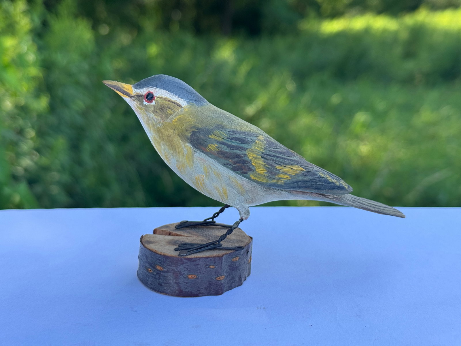 Hazel Tyrrell Warbler Folk Art Bird Carving: signed and dated 1960 on a wooden base. Excellent condition.