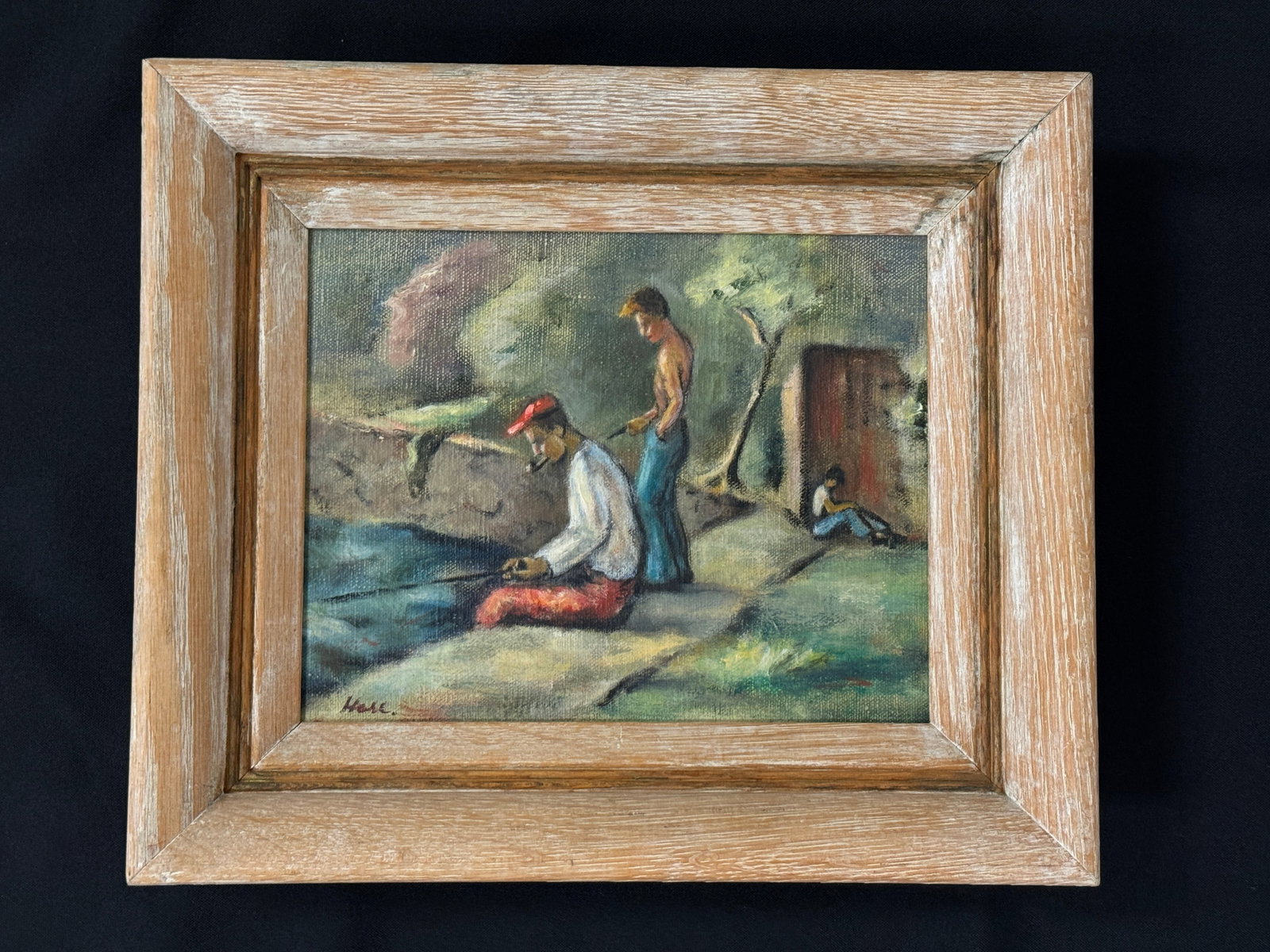 Oil on Canvas Painting with Fisherman: Signed lower left looks like hall. 13.75" x 11.75". From the Whitney Vanderbilt Collection.