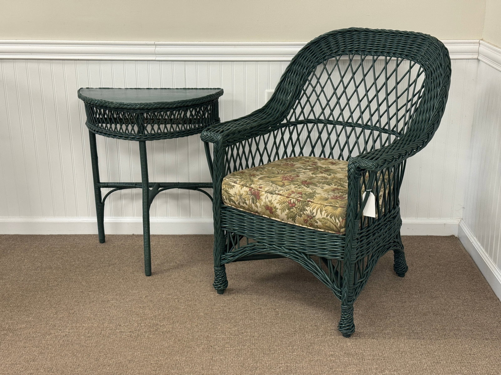 Bar Harbor Wicker Arm Chair & Half Round Stand: Both Solid and in good condition.