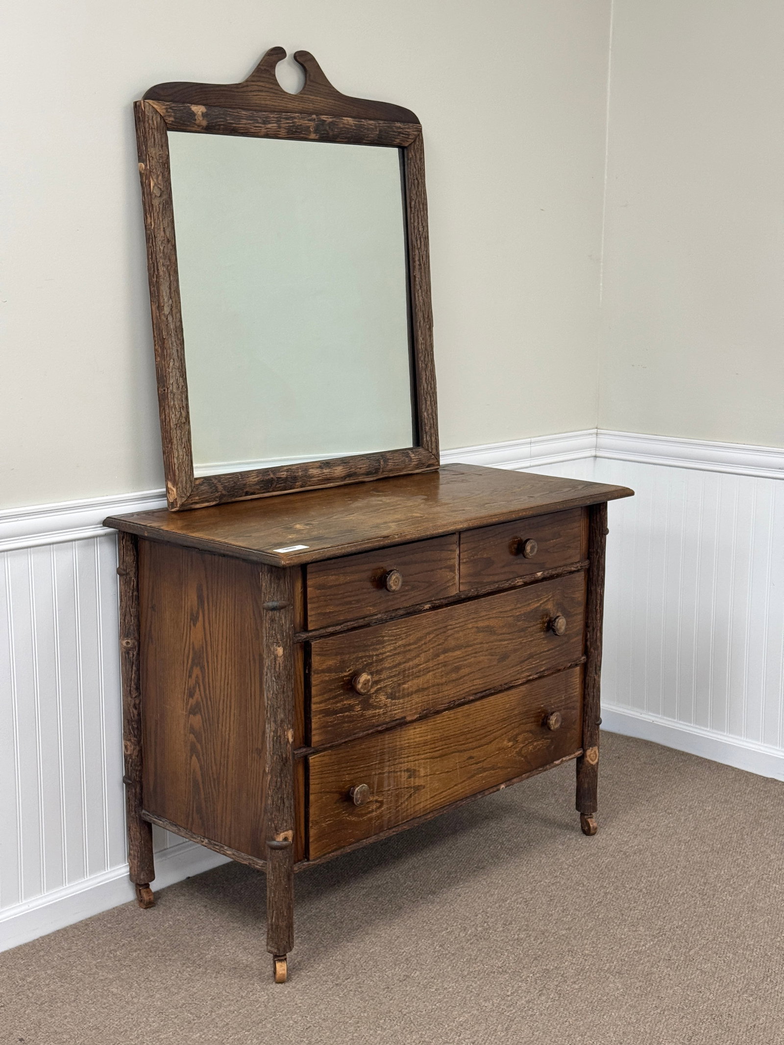 Old Hickory 2 over 2 Dresser with Mirror: original worn finish, circa 1930s. From Camp Togus, Whitney Park. 42" x 21" x 33" tall. Mirror measures 32" x 37".