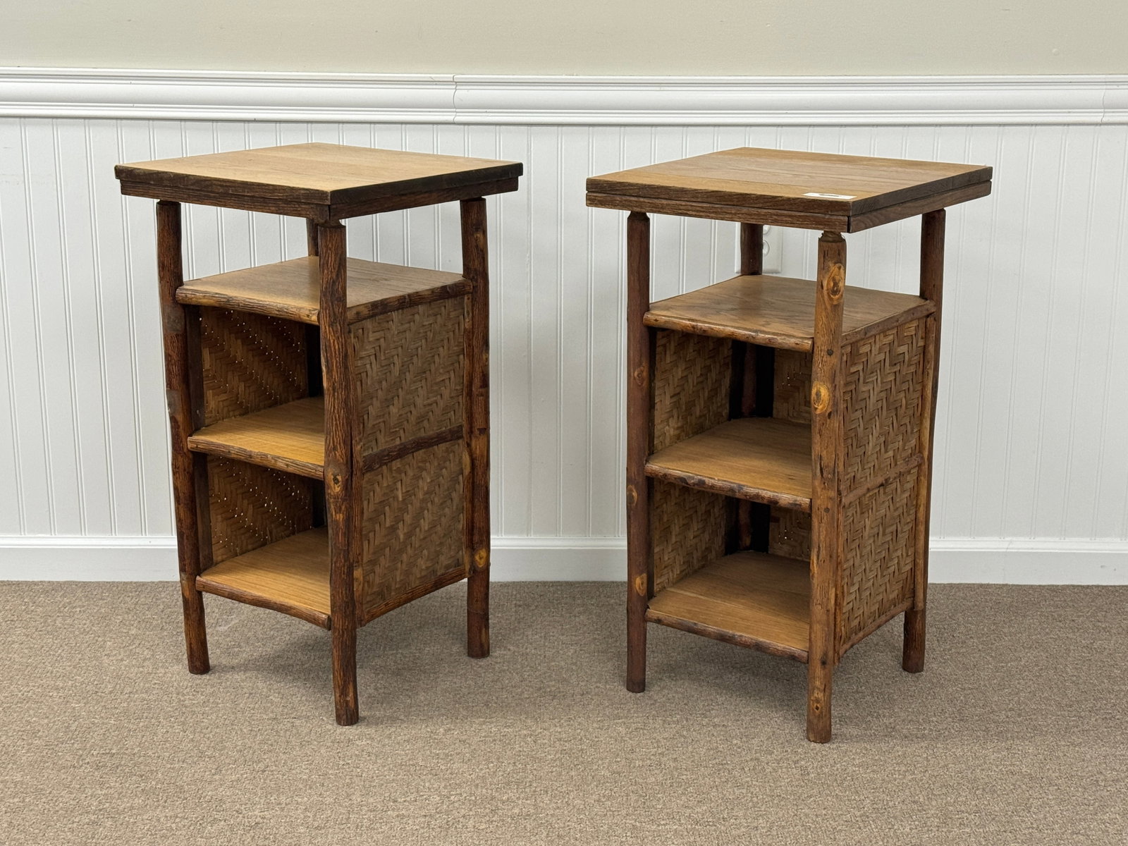 Pair of Old Hickory Stands with Woven Sides (1 of 7)