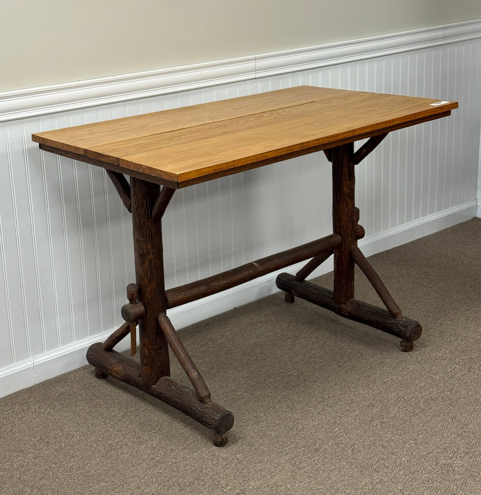 Old Hickory Branded Trestle Table: 42" x 24" x 30" tall. Clean and in good condition. Circa 1930. From Camp Togus, Whitney Park.