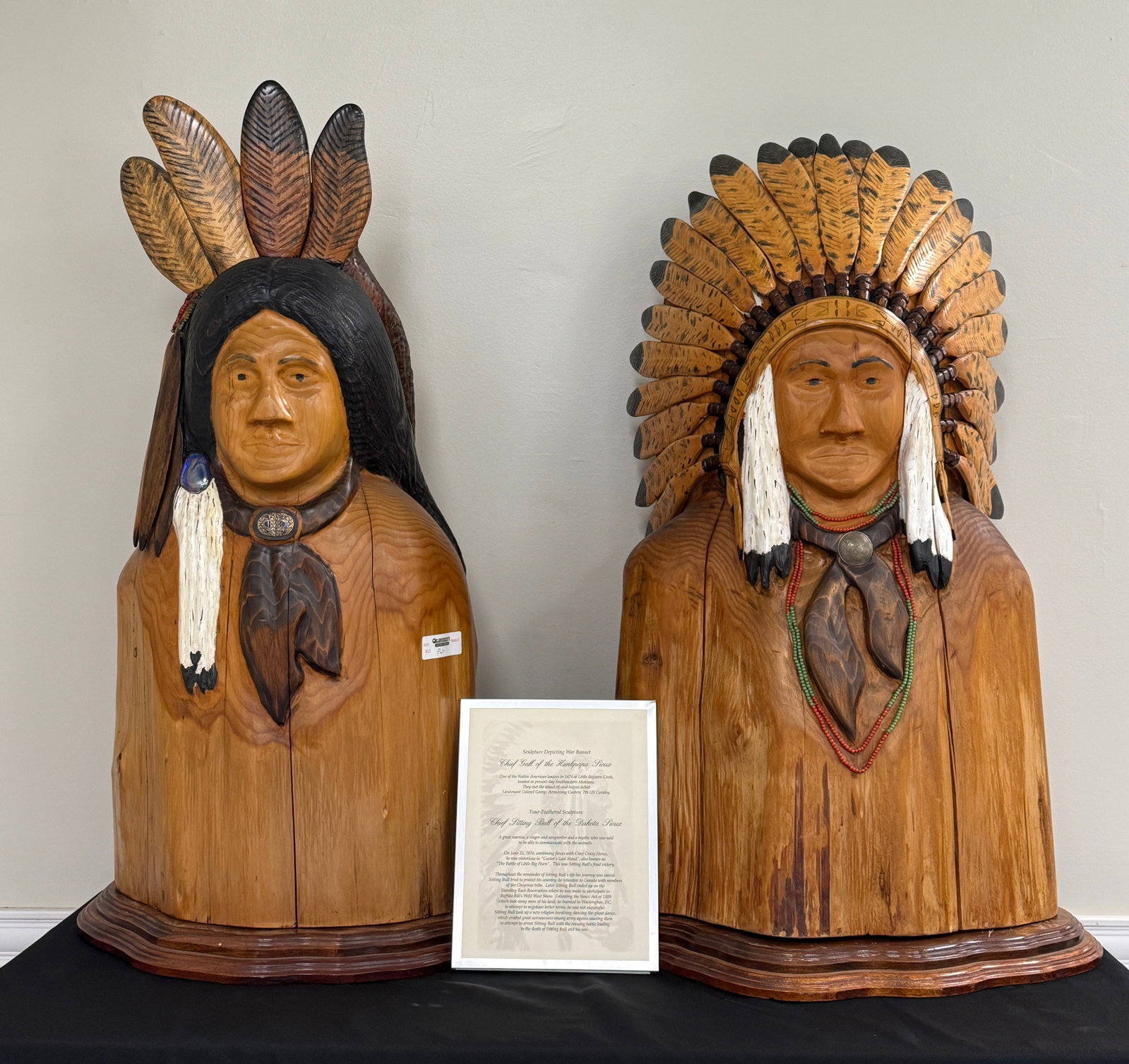 Sal Maccarone Indian Chief Wood Carvings: Mariposa, CA. Poly chrome painted, signed. Each are 3' tall and approximately 20" wide. Well done and in very good condition.