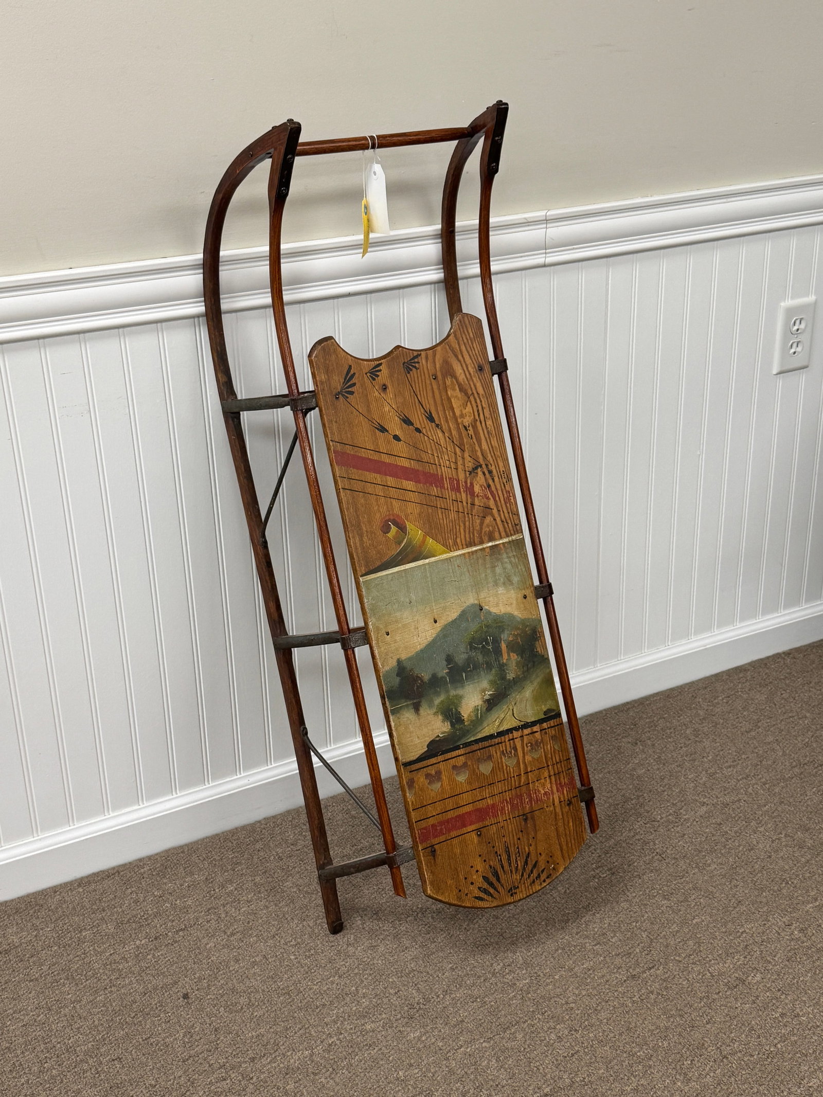 Paris Mfg Company Wooden Runner Sled: with a hand painted mountain scene on a morton deck. 40" long.