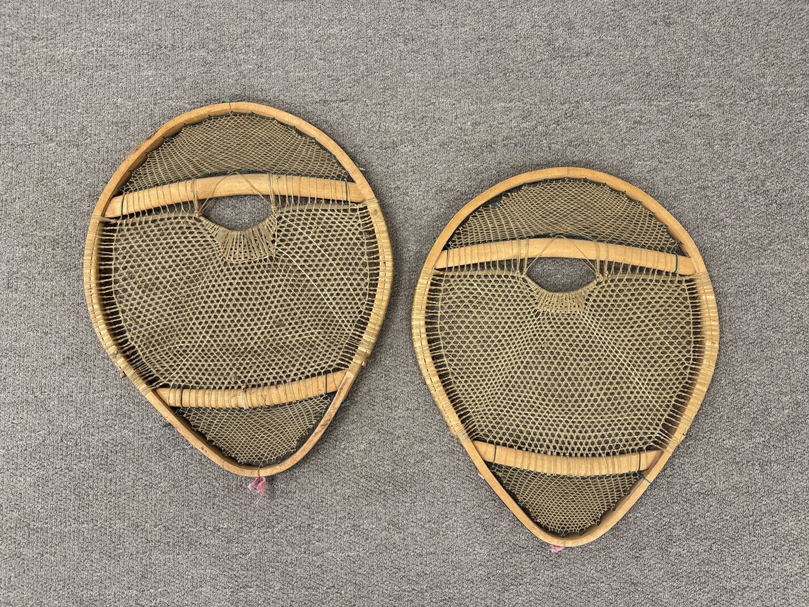 Native American Bear Paw Snowshoes: with tight weaving. 23.5" long x 19" wide.