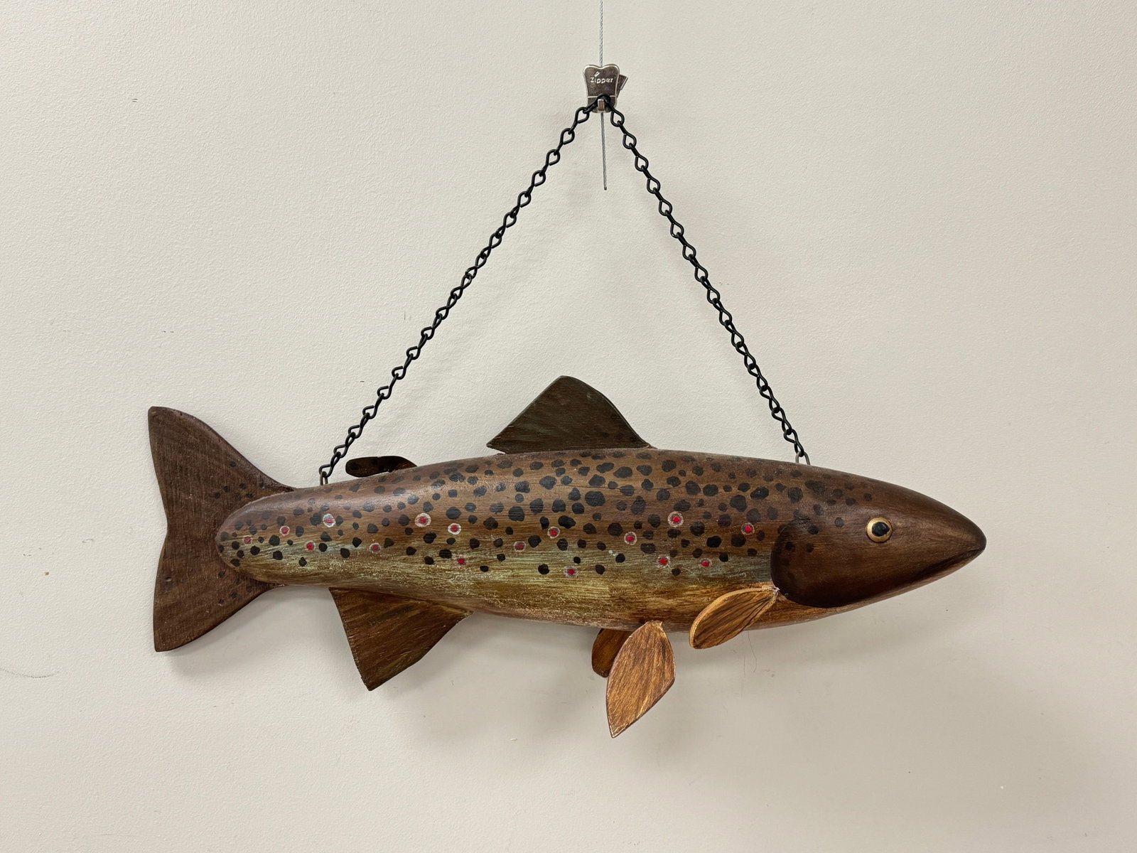 Folk Art Carved and Painted Trout: 21" long. Signed JJD.
