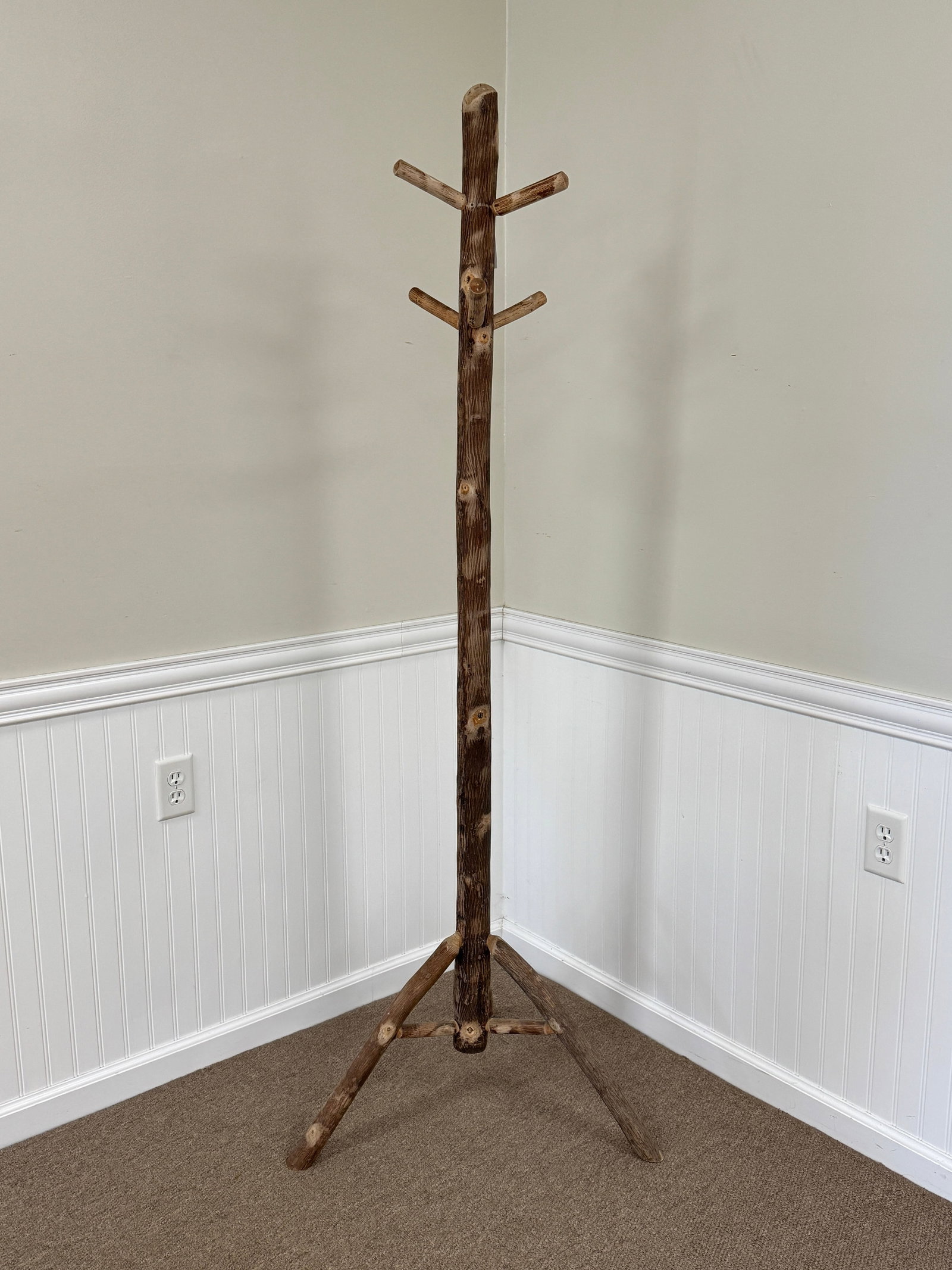 Old Hickory Branded Coat Tree: 6' tall. From Camp Togus, Whitney Park.