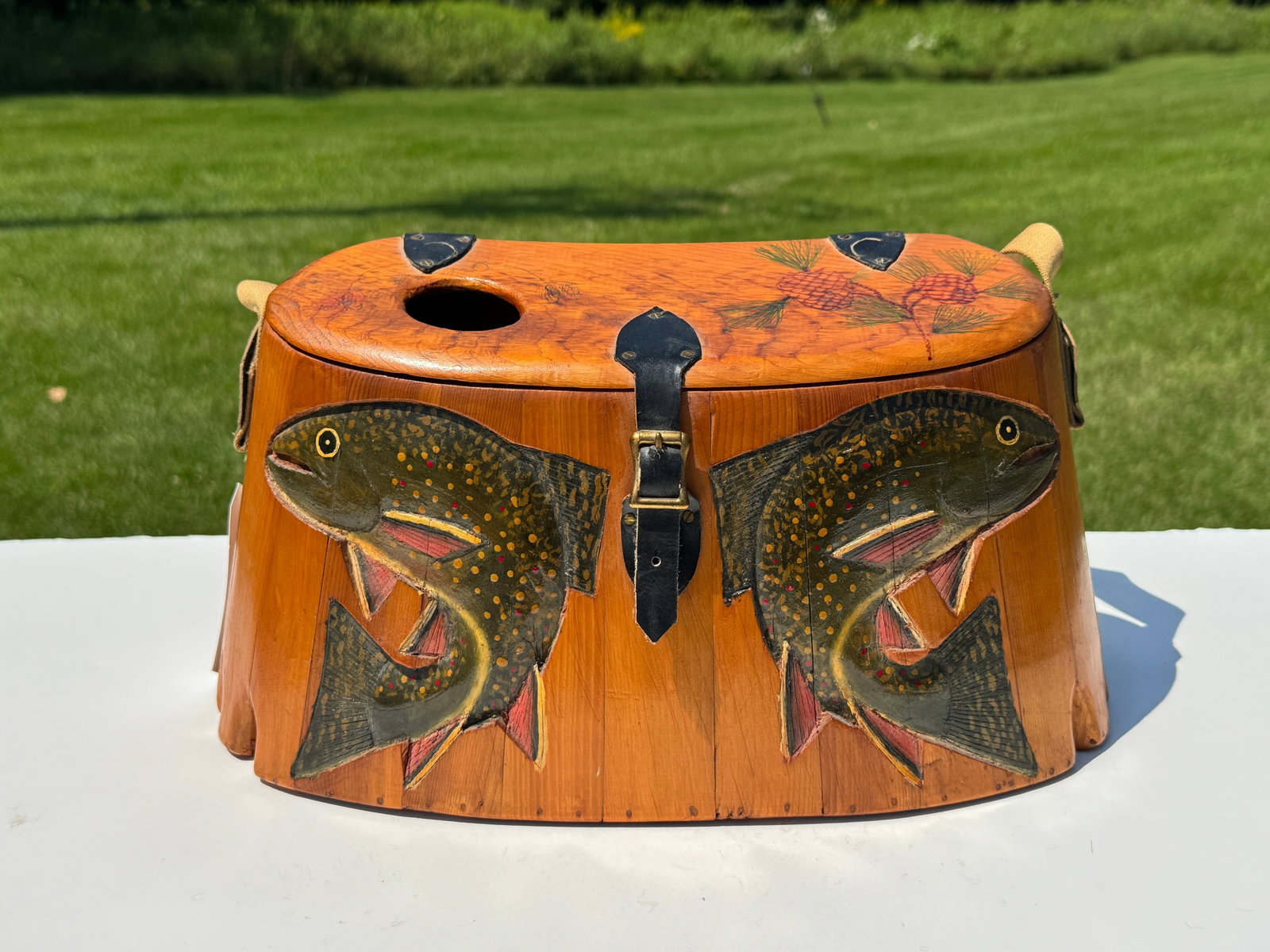 Emile Robichaud Hand Carved & Painted Creel: 15 inches wide.
