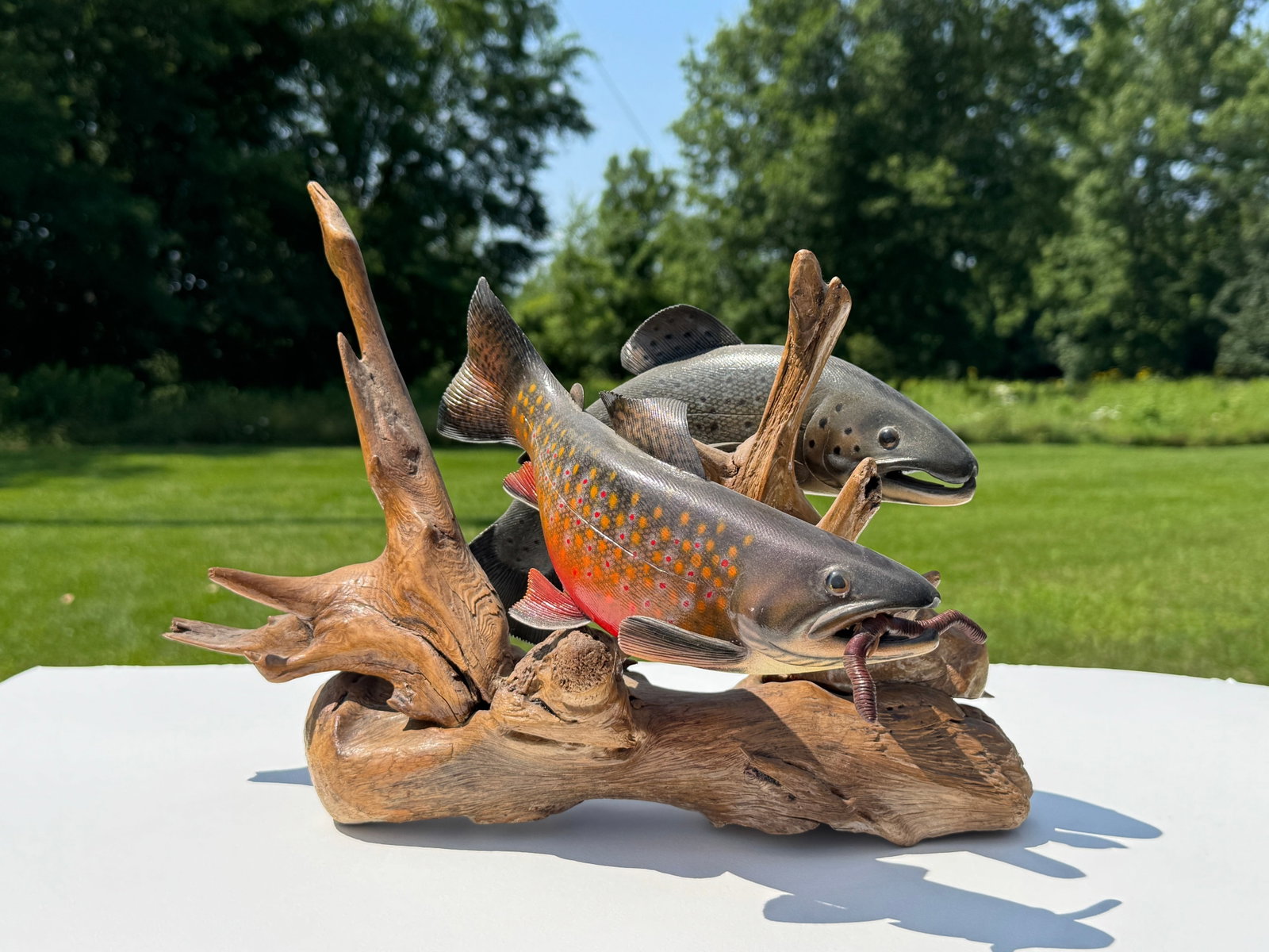 Paul Harrison Fish Sculpture: wooden carved and painted with life like detail on a driftwood base. Missing one fin on the back of the second trout. 16" long. Mechanics Falls, Maine.