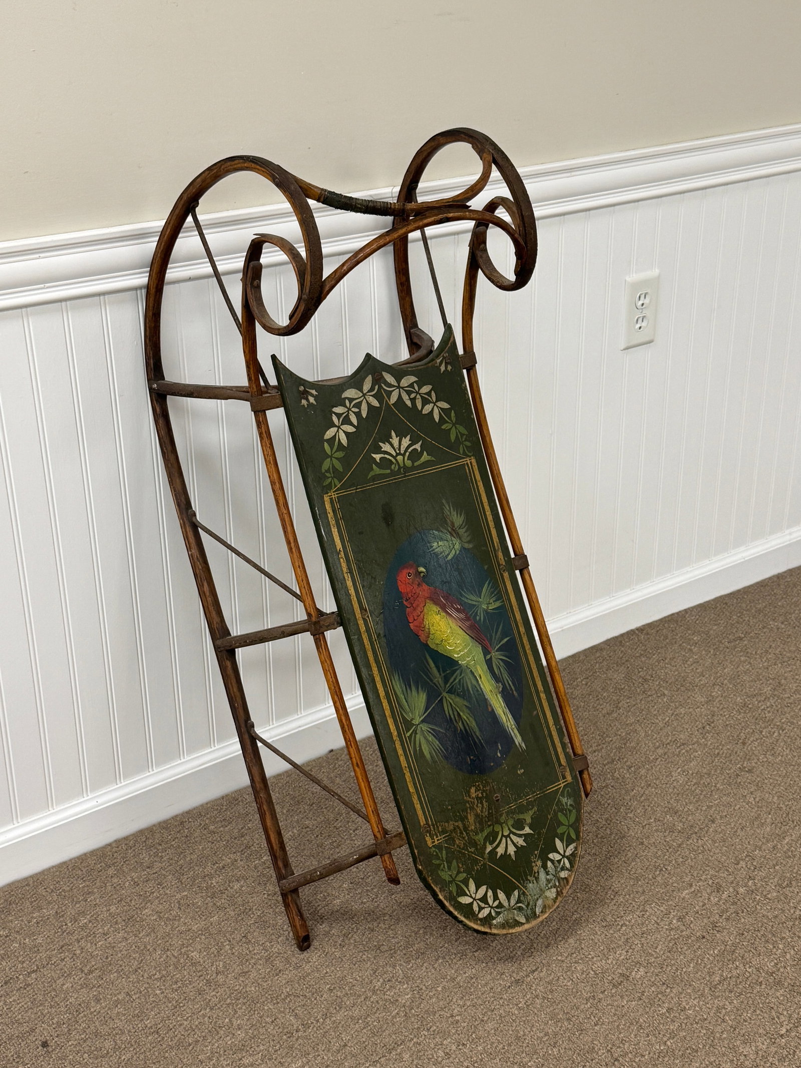 Paris Mfg Co. Early Sled w/ Painted Parrot (1 of 4)