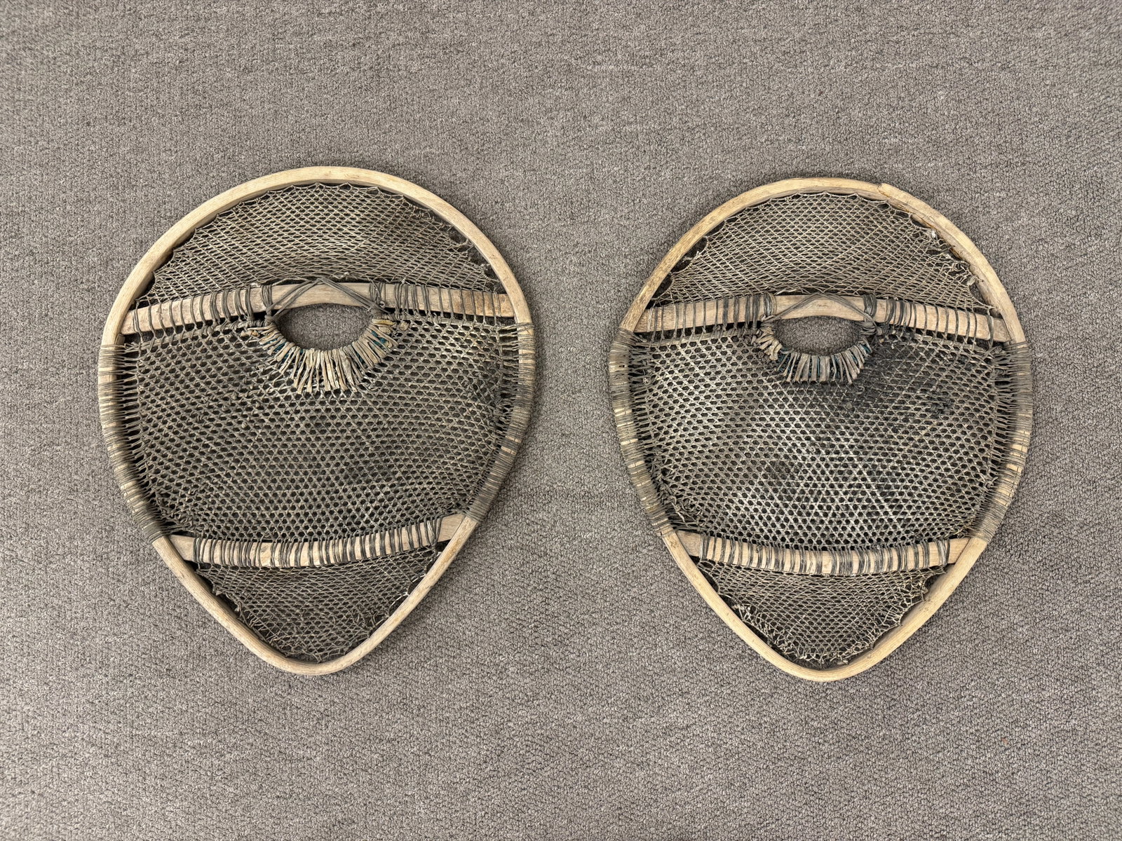 Early Bear Paw Snowshoes: with intricate weaving. 20" x 23.5"